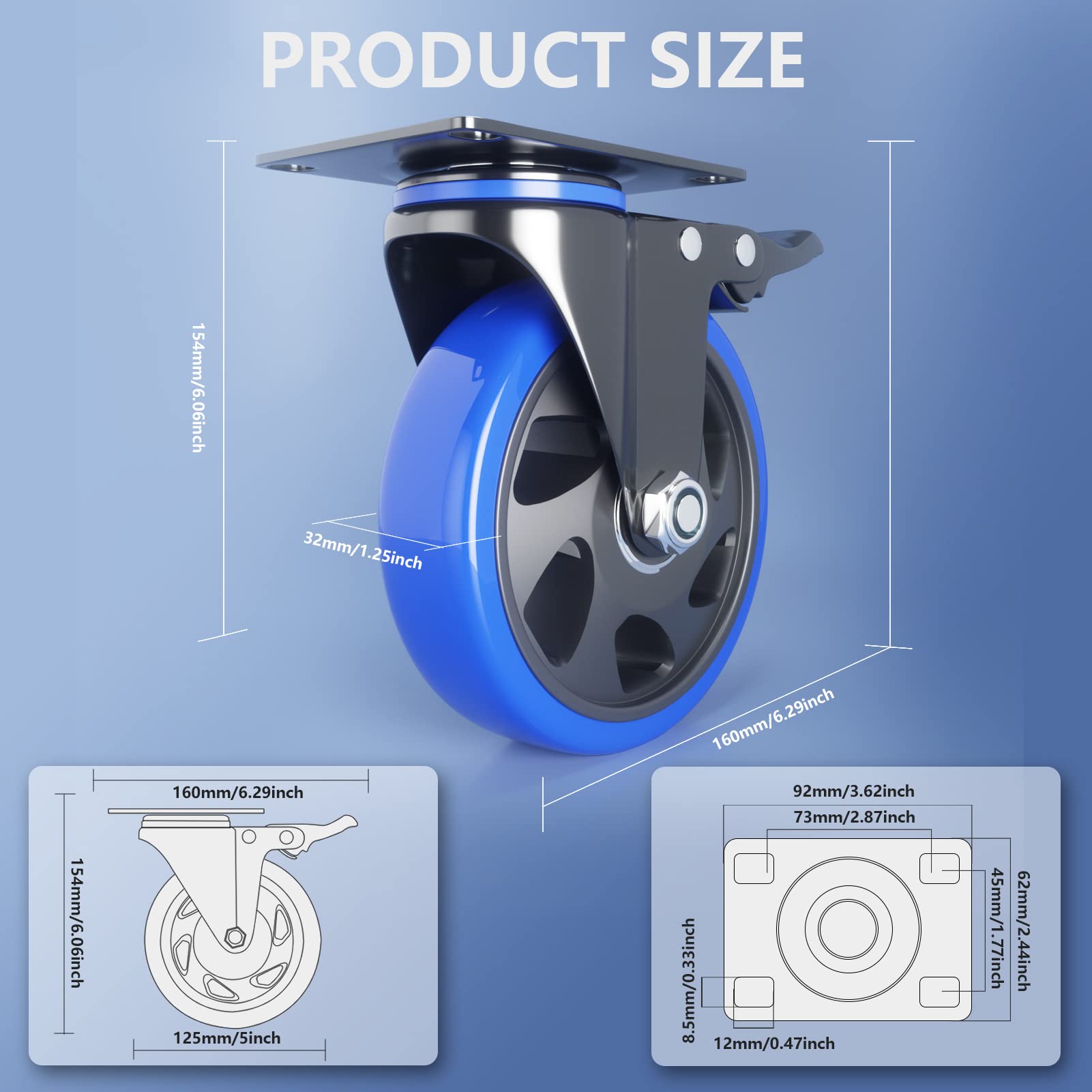 5 Inch Caster Wheels with Safety Dual Locking, Heavy Duty Casters Set of 4, Industrial Swivel Casters 2400Lbs, Polyurethane No Noise Wheels for Cart, Furniture(Bonus of 2 Hardware Kits)