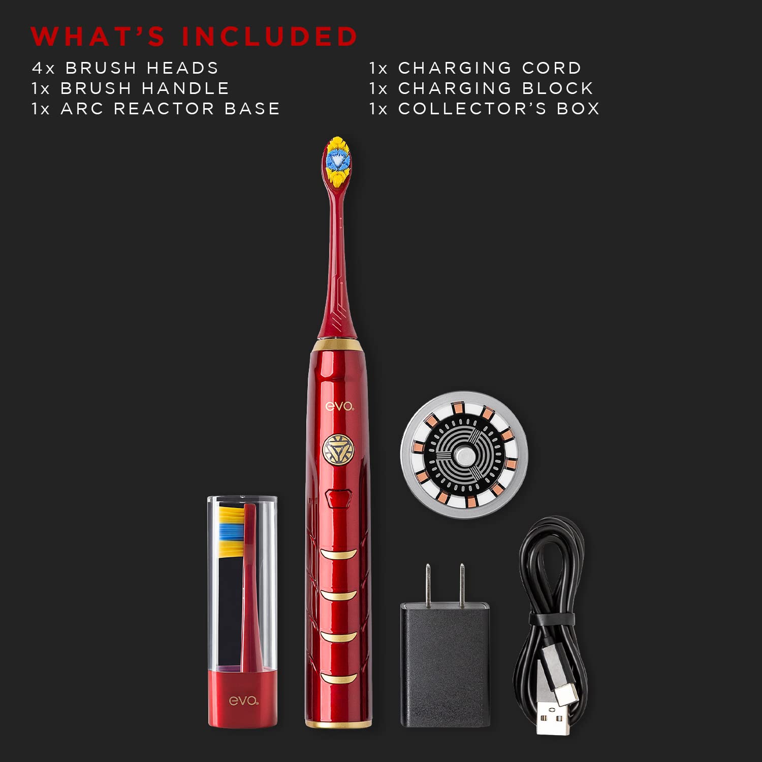 evo IRM-1 Rechargeable Sonic Toothbrush, Marvel Iron Man Electric Toothbrush for Adults, Electric Toothbrush with 4 Toothbrush Heads & Charger Included