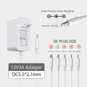 12v 3A Power Supply AC Adapter, GXILEE UL Listed 12 Volt 3 Amp Power Supply for DC 12v LED Light, Security Camera, Come with 5.5mm x 2.1mm Connector Plug Adapter(5Ft White AC Adapters, 36 Watt Max)