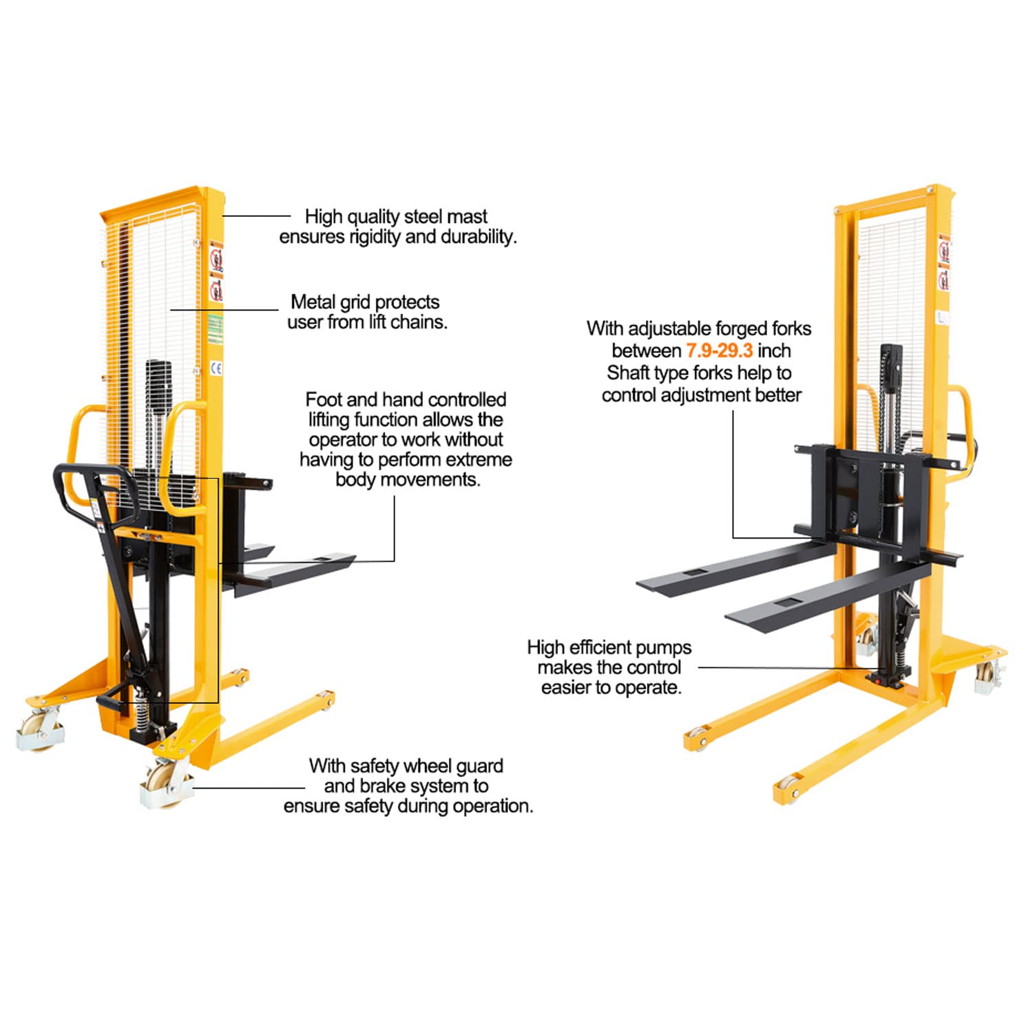 DMC-FPPS 1100lbs Capacity Manual Pallet Stacker, 63" Hydraulic Lift Height, 7.9"-29.3" Width Adjustable Forks, Hand Pallet Truck Forklift