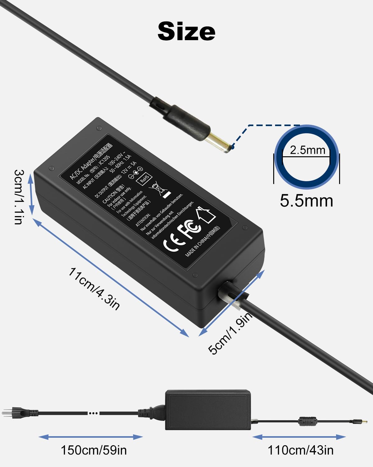 DC 12 Volt 5 Amp Power Supply 60W AC Adapter 100-240V 50-60Hz AC to DC 12V 5A Power Adapter Transformer with 5.5mm x 2.5mm DC Outlet Plug for LED Strip Light CCTV Camera 3D Printer...