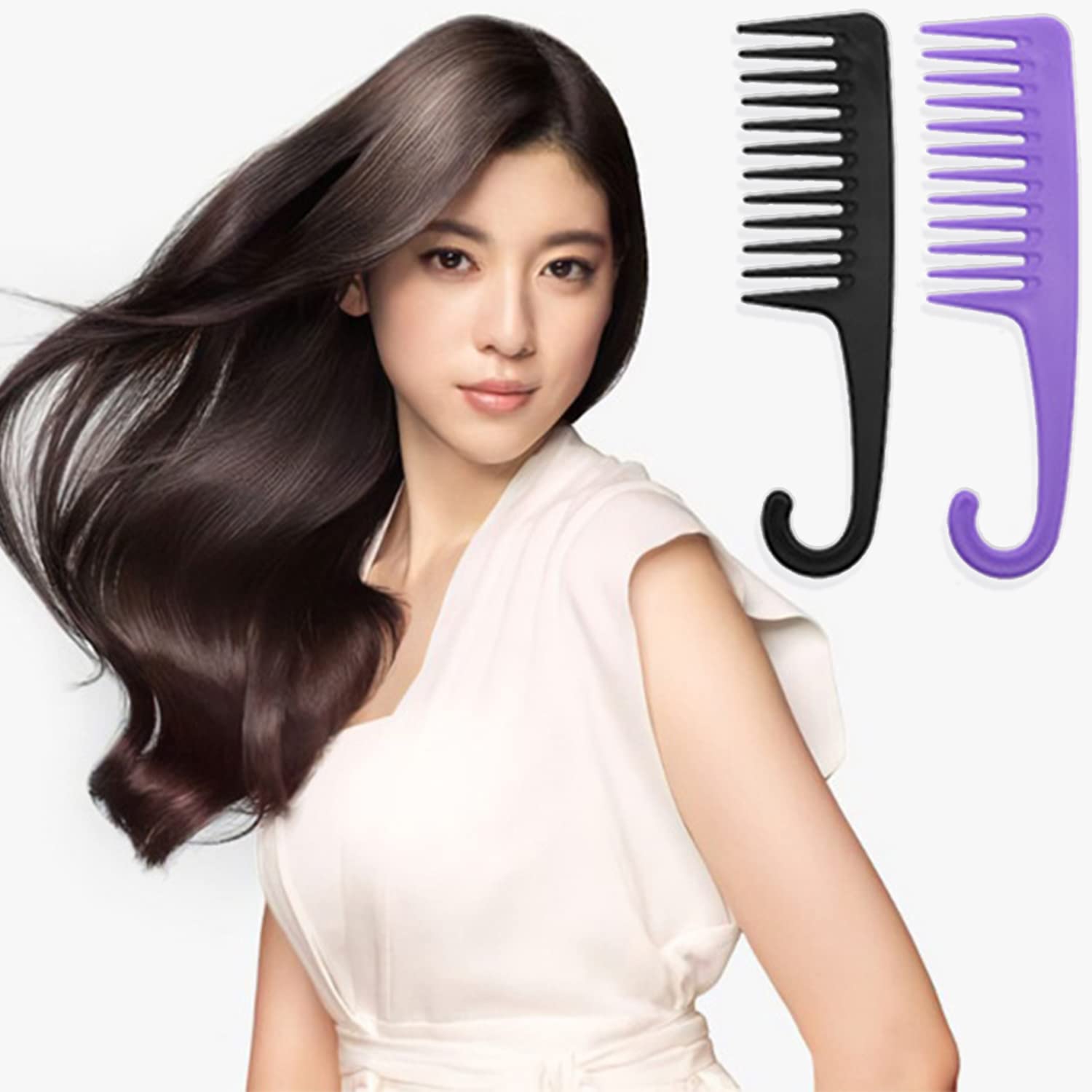 2PCS Large Wide Tooth Comb, Shower Combs with Hook for Wet Curly Hair, Premium Big Hair Brush Combs to Detangle Curls, Women Detangler Comb for Detangling Wigs, Styling Dry Thick Long Cabello