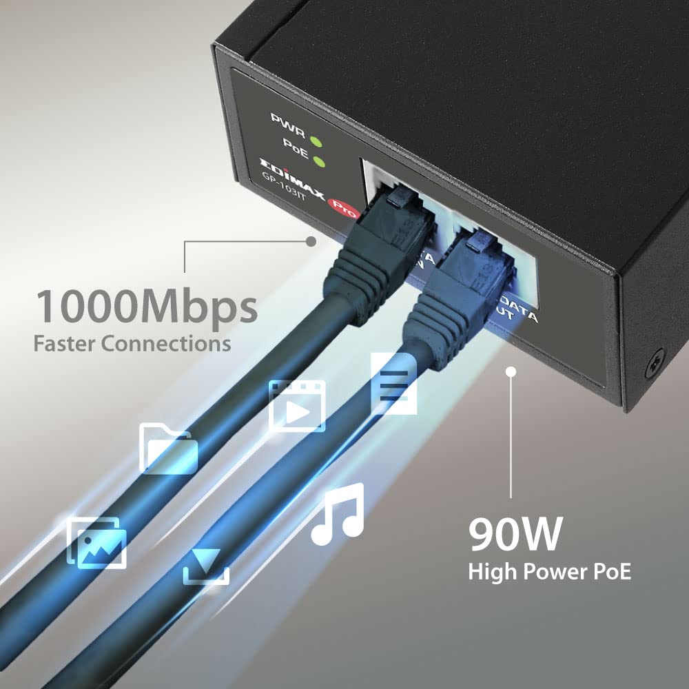 Edimax Pro Gigabit PoE++ 90W (60W/30W/15W Compatible) Injector Adapter, Adds Power to PoE Powered Device (PD) Device for up to 100 Meters (328ft), Supports 802.3af 802.3at 802.3bt, GP-103IT