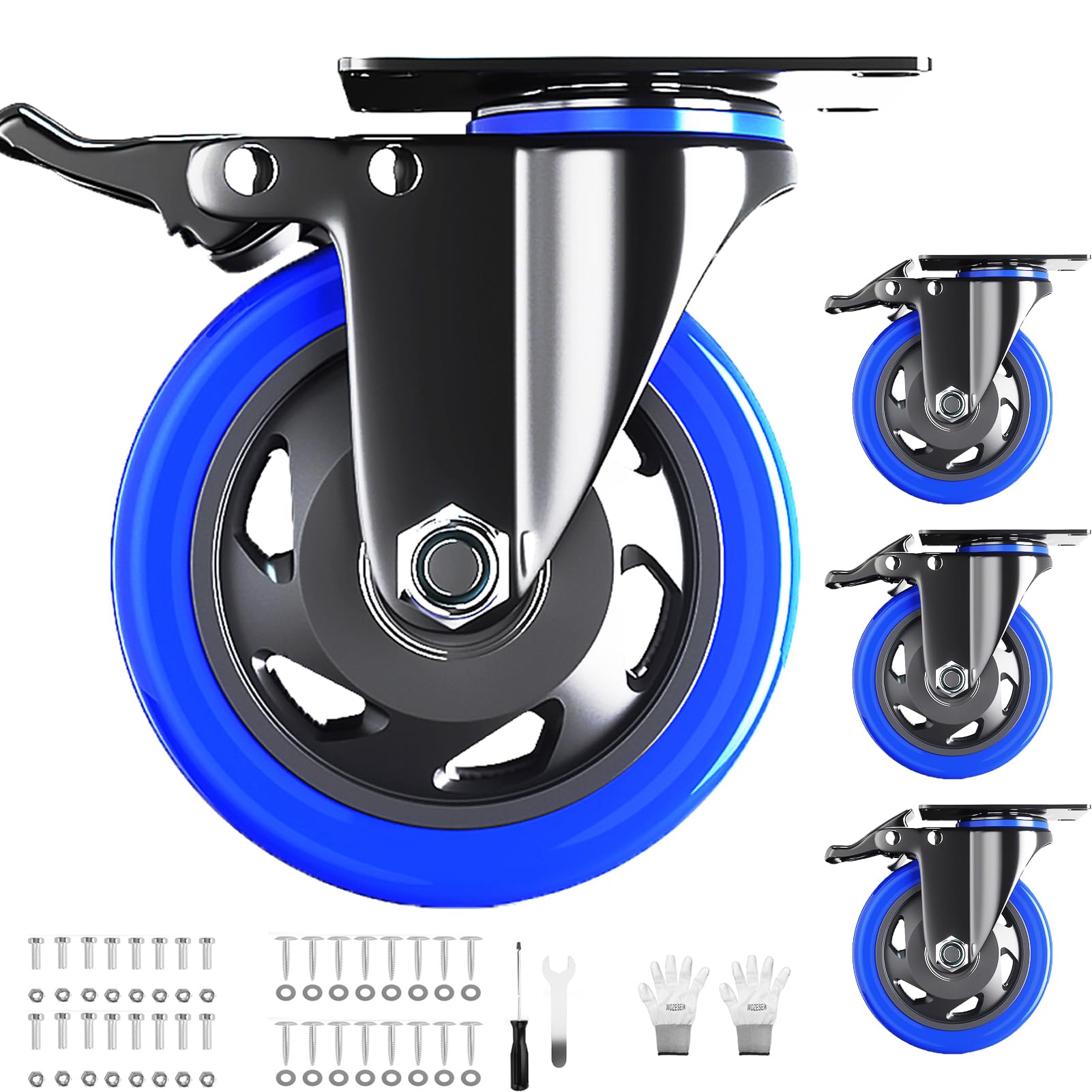 5 Inch Caster Wheels with Safety Dual Locking, Heavy Duty Casters Set of 4, Industrial Swivel Casters 2400Lbs, Polyurethane No Noise Wheels for Cart, Furniture(Bonus of 2 Hardware Kits)