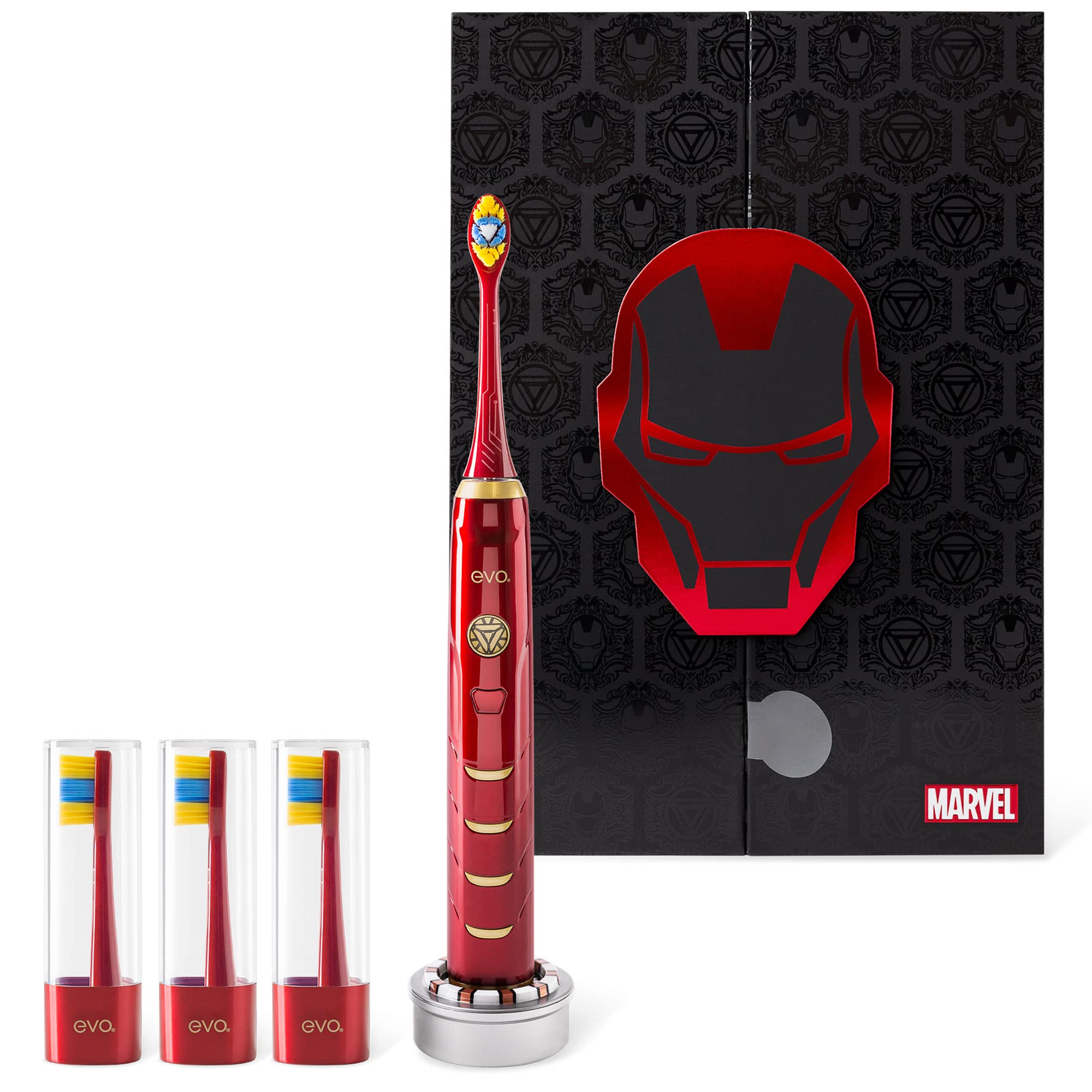 evo IRM-1 Rechargeable Sonic Toothbrush, Marvel Iron Man Electric Toothbrush for Adults, Electric Toothbrush with 4 Toothbrush Heads & Charger Included