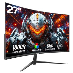 gawfolk 2k 165hz curved monitor, 27 inch qhd 2560x1440p 144hz gaming monitor with amd freesync, flicker-free, 2x hdmi 2.0, dp 1.4, ultra-thin frameless 1800r screen pc monitor