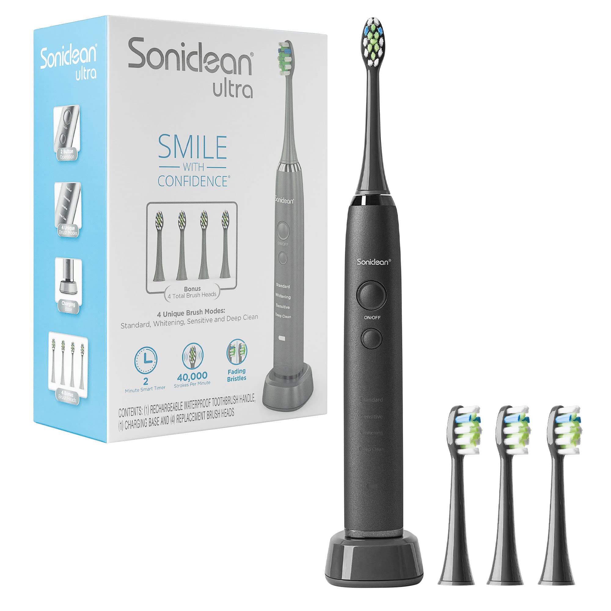 Soniclean Pro Ultra Sonic Toothbrush for Adults with 4 Toothbrush Heads, Rechargeable Toothbrush, Automatic Toothbrush, Sonic Toothbrush with Refills