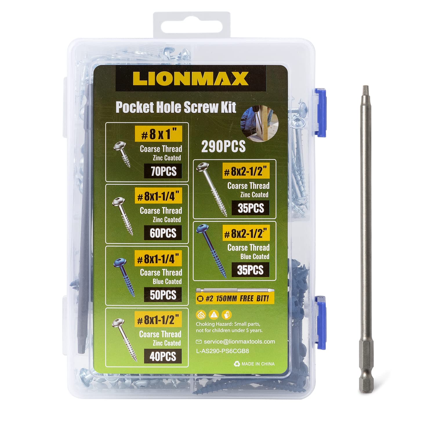 LIONMAX Pocket Hole Screws Assortment Kit 290PCS, 6 Size Pocket Hole Screws Kit, Coarse Thread, Washer Head, Self Tapping for Soft Wood, 150MM Square Drive Bit Included