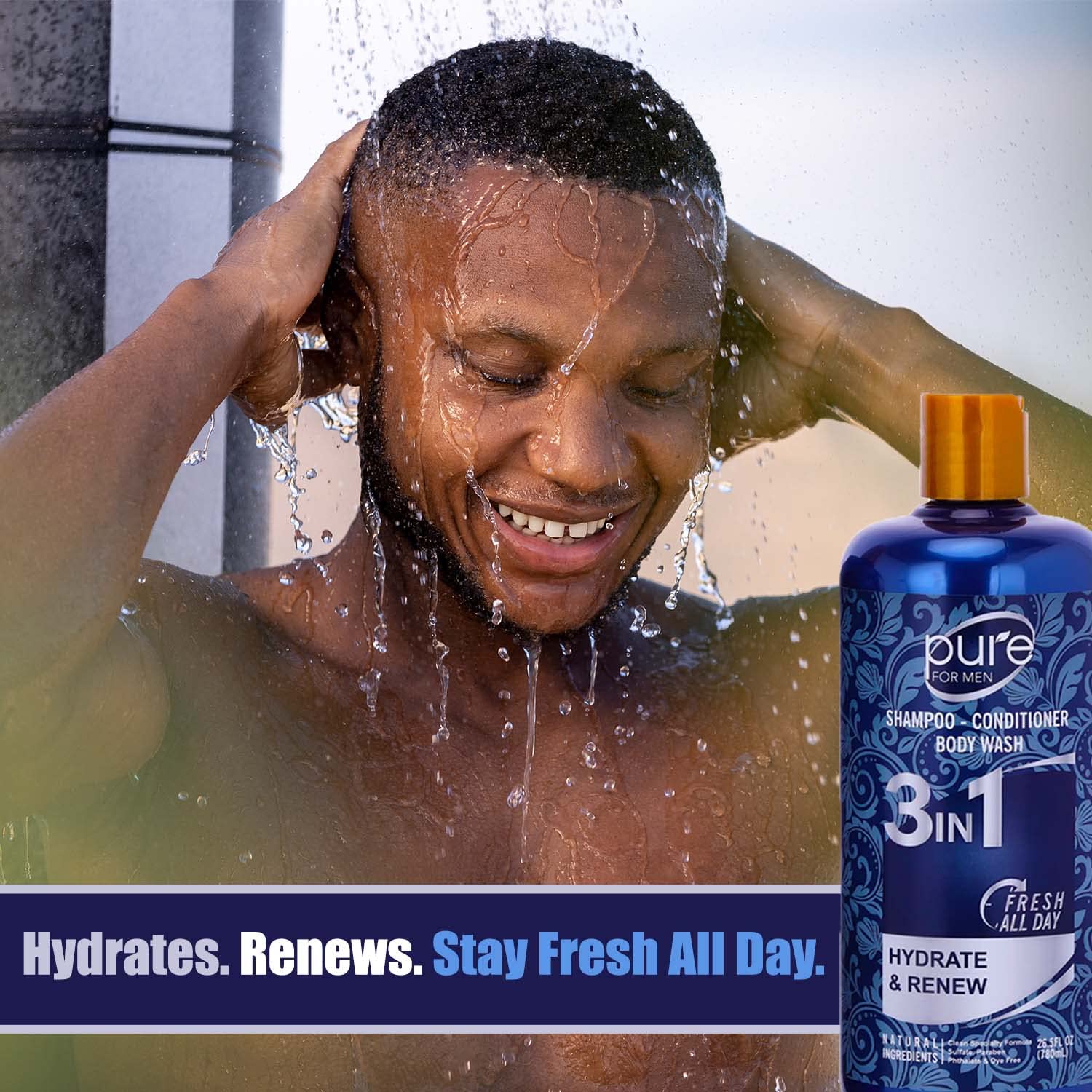 3-in-1 Men's Shower Gel, Shampoo and Face Wash - Paraben & Sulfate Free, Keeps You Fresh All Day! 2 Pack.