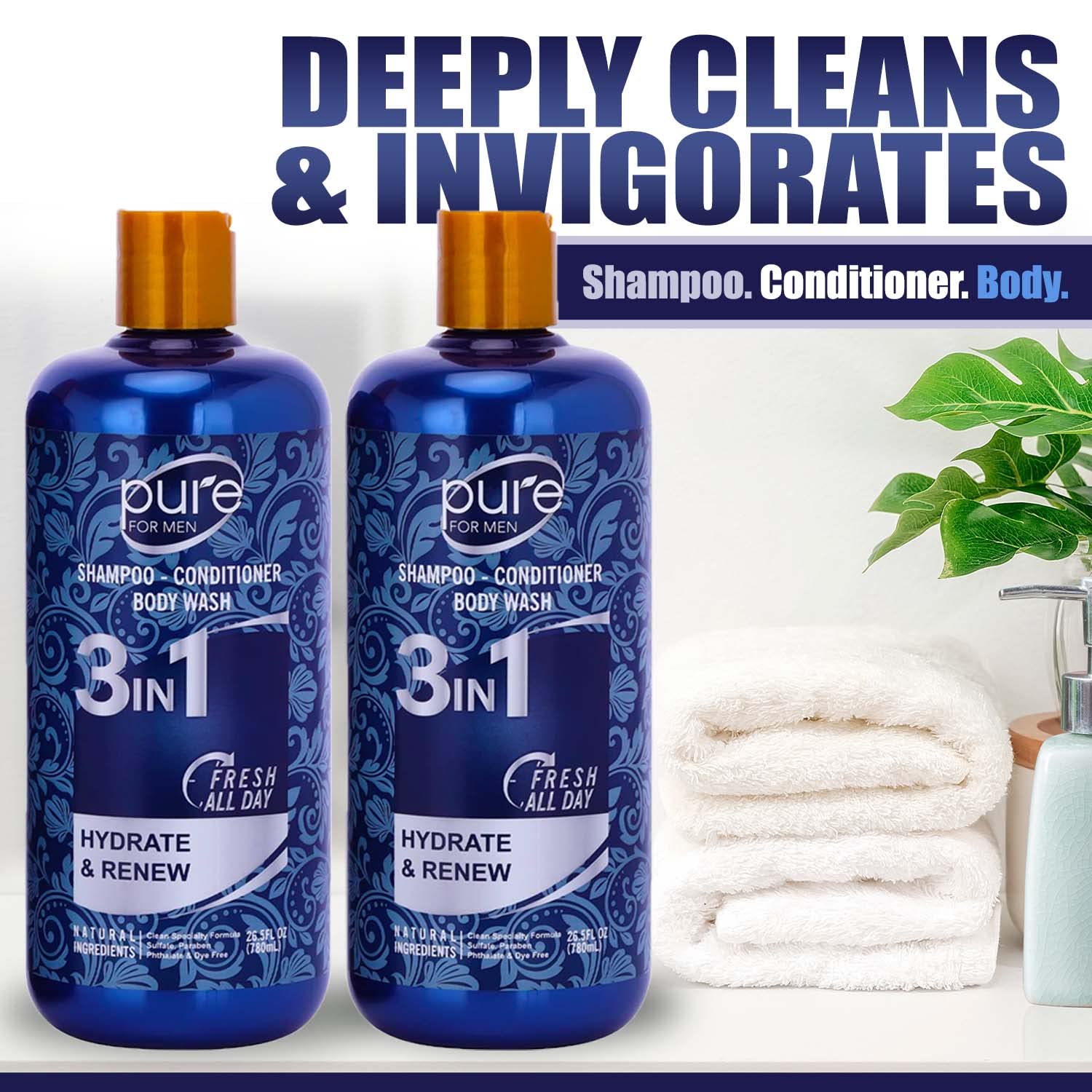 3-in-1 Men's Shower Gel, Shampoo and Face Wash - Paraben & Sulfate Free, Keeps You Fresh All Day! 2 Pack.