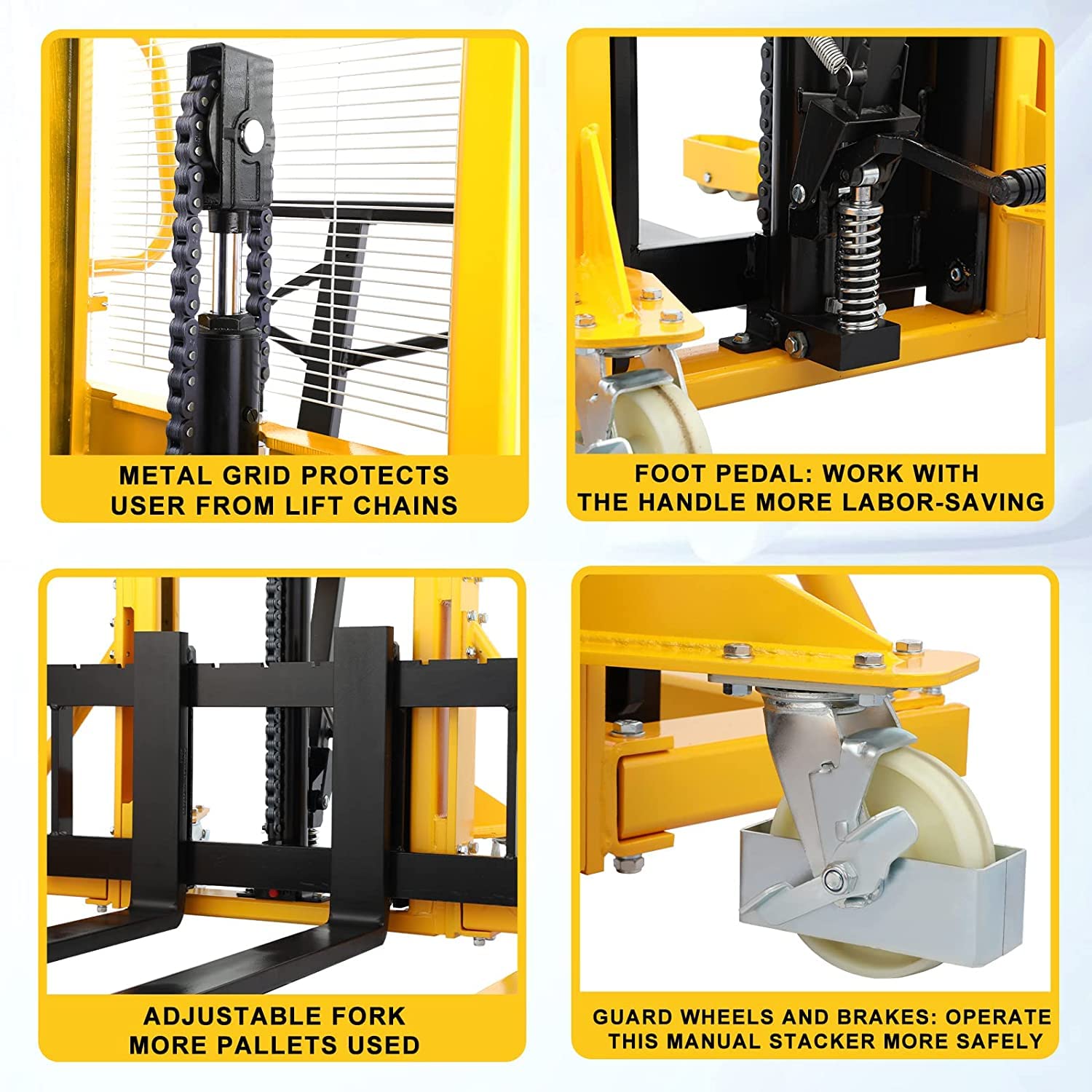 DMC-FPPS 1100lbs Capacity Manual Pallet Stacker, 63" Hydraulic Lift Height, 7.9"-29.3" Width Adjustable Forks, Hand Pallet Truck Forklift