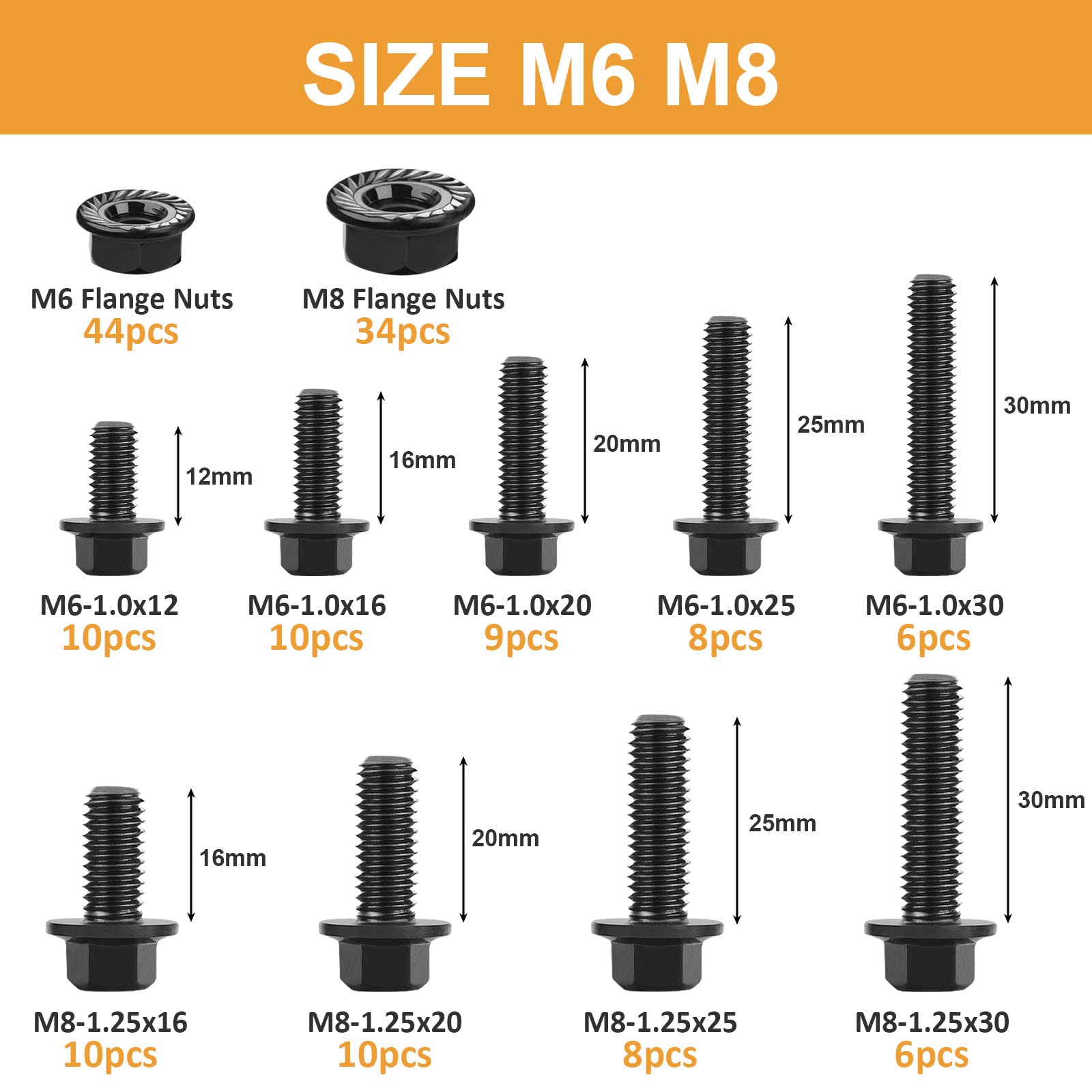 VIGRUE 155PCS M6-1.0 M8-1.25 Flanged Hex Bolts, M6 x 12/16/20/25/30mm and M8 x 16/20/25/30mm Flange Hexagon Screws Bolts Nuts 10.9 Alloy Steel Black Zinc Plated Full UNC Thread