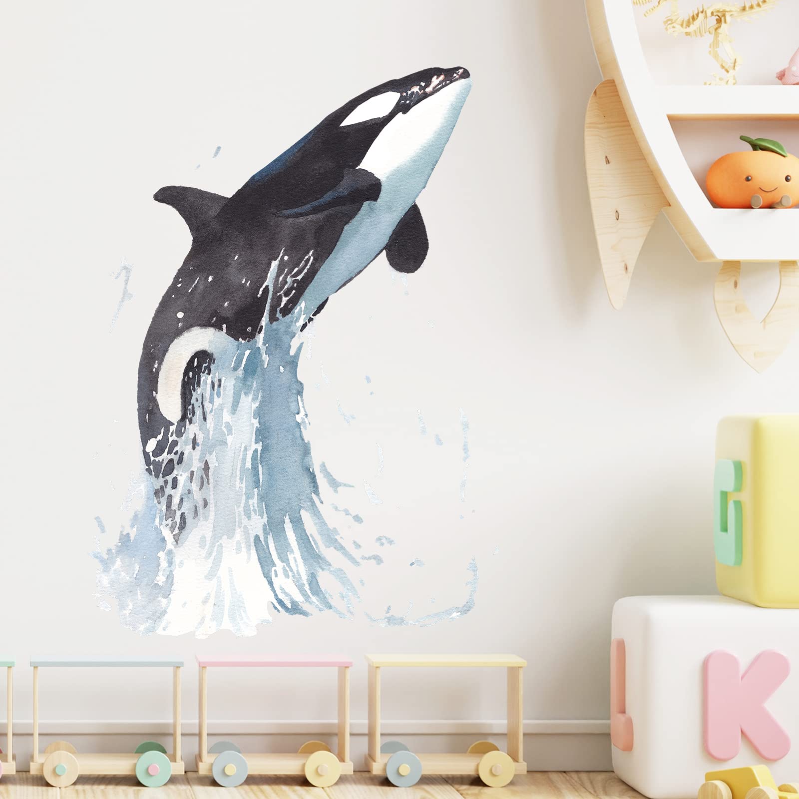 RoyoLam Killer Whale Jumping out of the Water Wall Decal Nursery Orca Sea Animal Wall Sticker Removable Peel and Stick Waterproof Wall Art Decor Stickers for Kids Baby Classroom Preschool Living Room