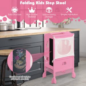 Costzon Kids Kitchen Step Stool with Safety Rail, Folding Wooden Step Helper w/Adjustable Height, Blackboard, Protective Netting, Stable Fixed Feet, Countertop Standing Tower for Toddlers(Pink)