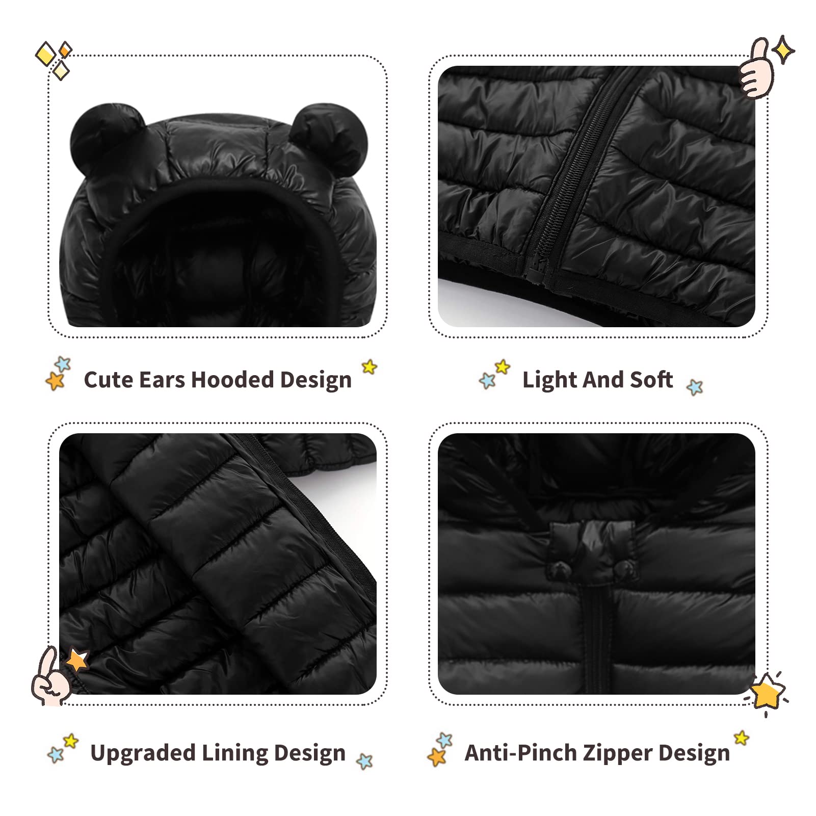 XMWEALTHY Baby Boys Girls Winter Coats Toddler Light Puffer Down Jacket Infant Kids Bear Hoods Padded Outwear Black 6-12 Months