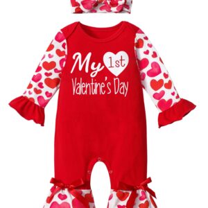 Valentines Baby Girl Outfit, 0-3 Months My First Valentines Day Baby Girl Outfit Letter Printed Long Sleeve Romper Ruffle Jumpsuits with Headband 2Pcs Set