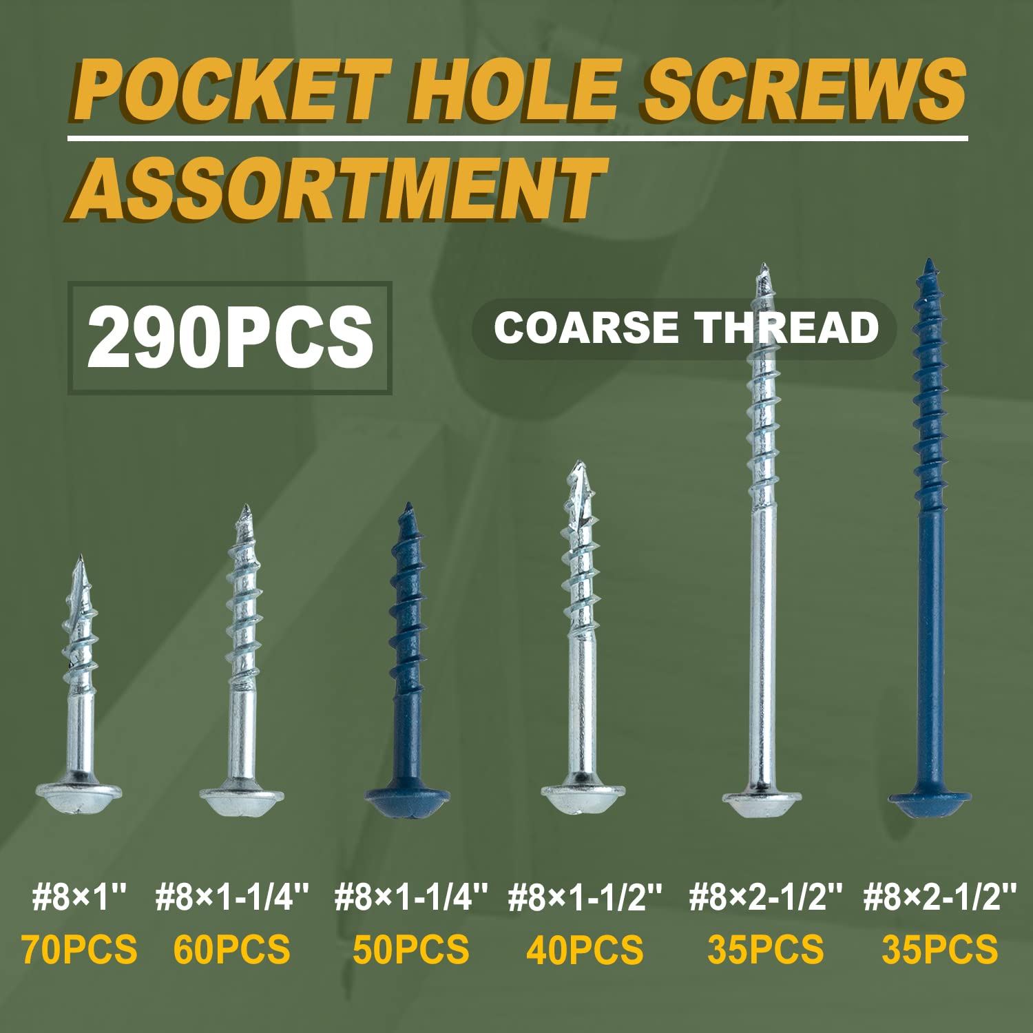 LIONMAX Pocket Hole Screws Assortment Kit 290PCS, 6 Size Pocket Hole Screws Kit, Coarse Thread, Washer Head, Self Tapping for Soft Wood, 150MM Square Drive Bit Included