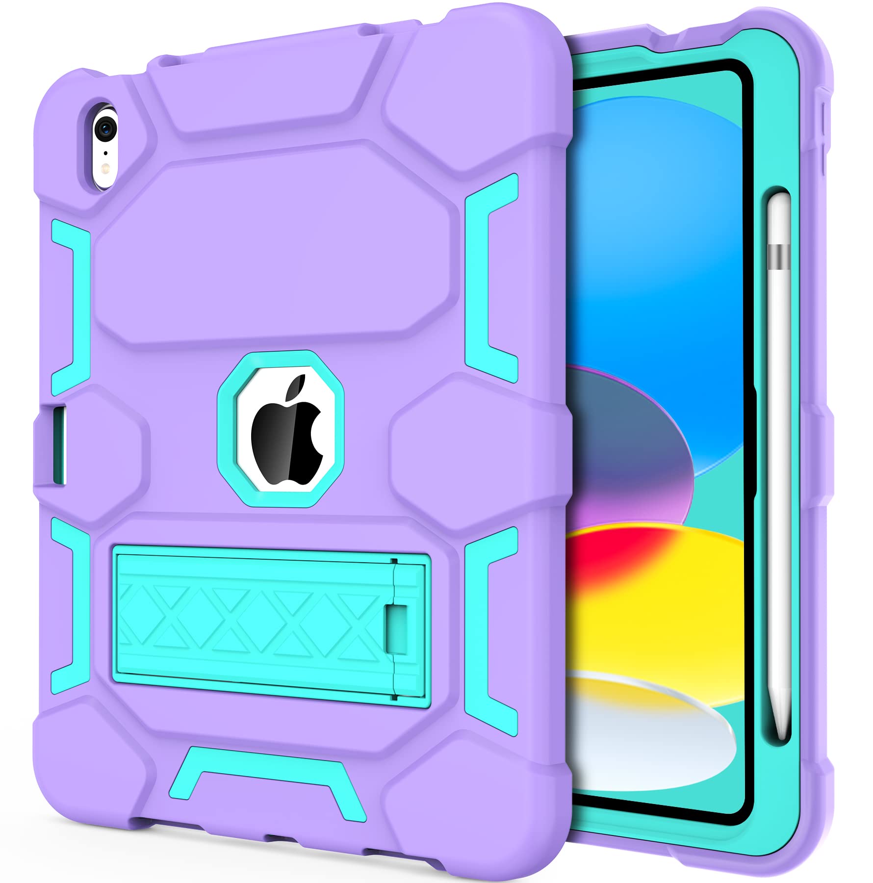 CCMAO for iPad 10th Generation Case 10.9 Inch 2022, iPad 10 Case with Kickstand & Pencil Holder, Heavy Duty Shockproof Hybrid Three Layer Protective Cover for Girls Women, Purple+Green