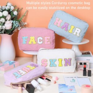 Pinkunn 4 Pcs Preppy Makeup Bags Chenille Letter Patch Bag Face Skin Hair Stuff Aesthetic Cosmetic Bag Corduroy Nylon Cosmetic Bag Birthday Gifts for Women(Purple, Pink, White, Blue,Corduroy)