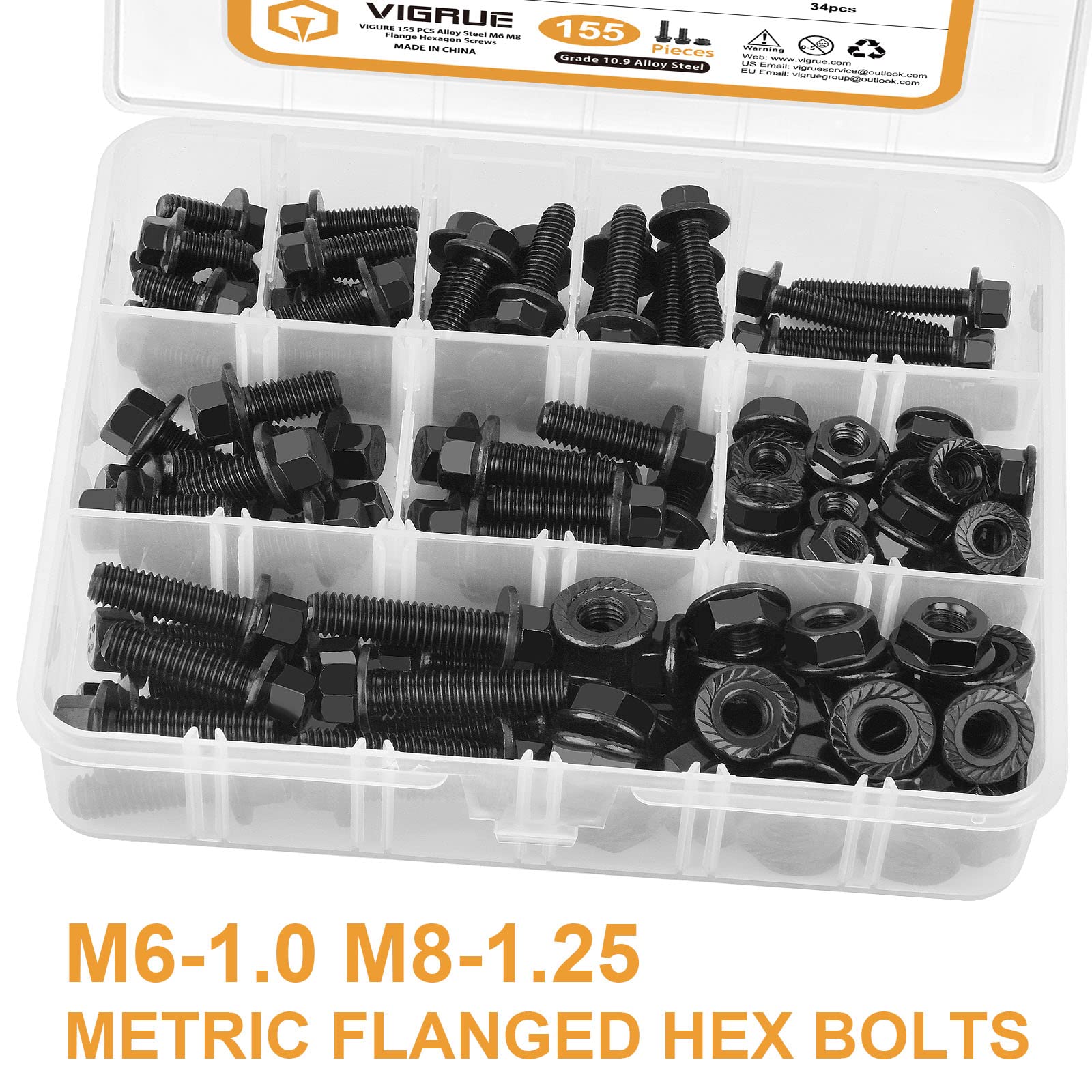 VIGRUE 155PCS M6-1.0 M8-1.25 Flanged Hex Bolts, M6 x 12/16/20/25/30mm and M8 x 16/20/25/30mm Flange Hexagon Screws Bolts Nuts 10.9 Alloy Steel Black Zinc Plated Full UNC Thread