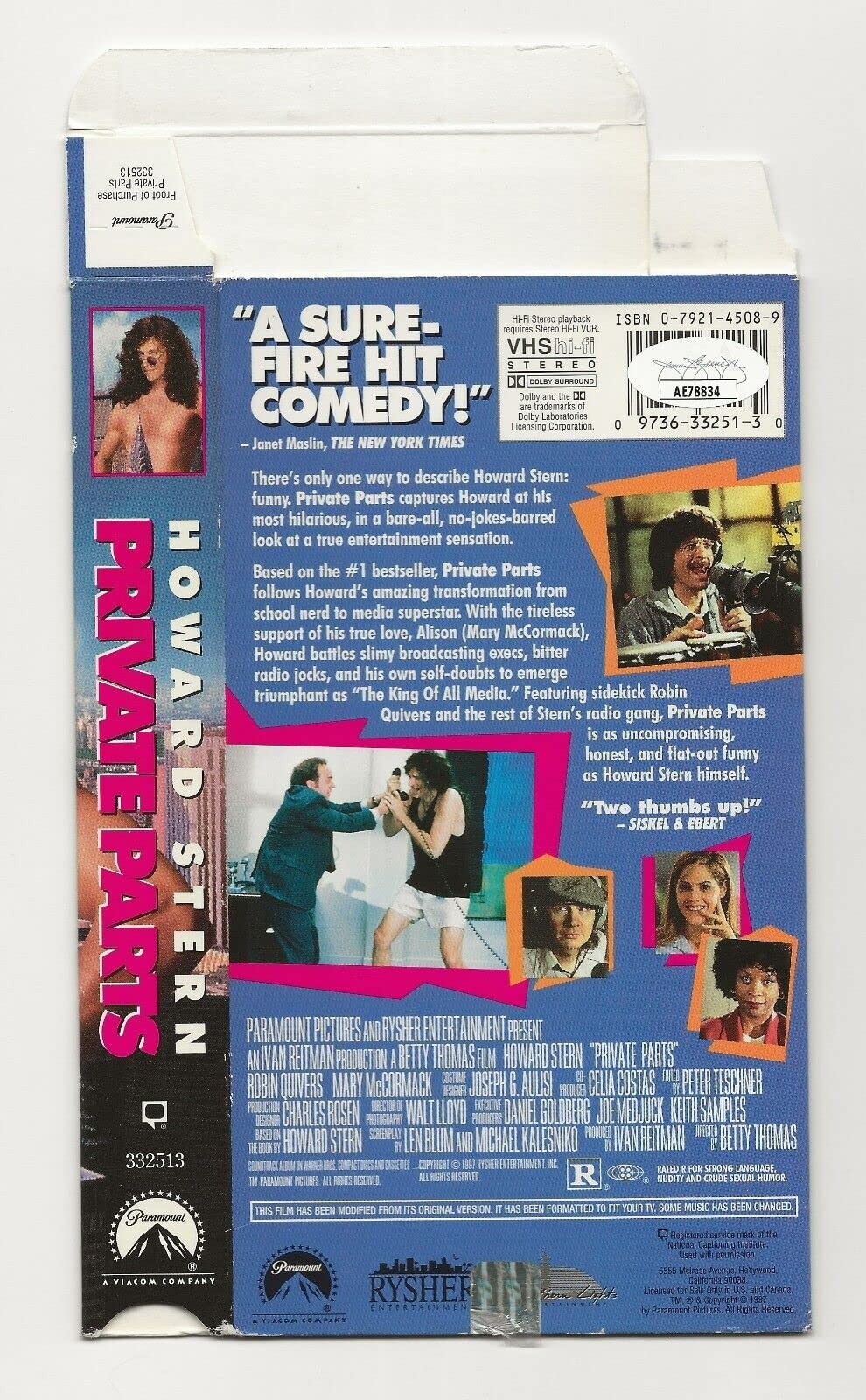 Howard Stern REAL hand SIGNED Private Parts VHS Tape Cover Case JSA COA