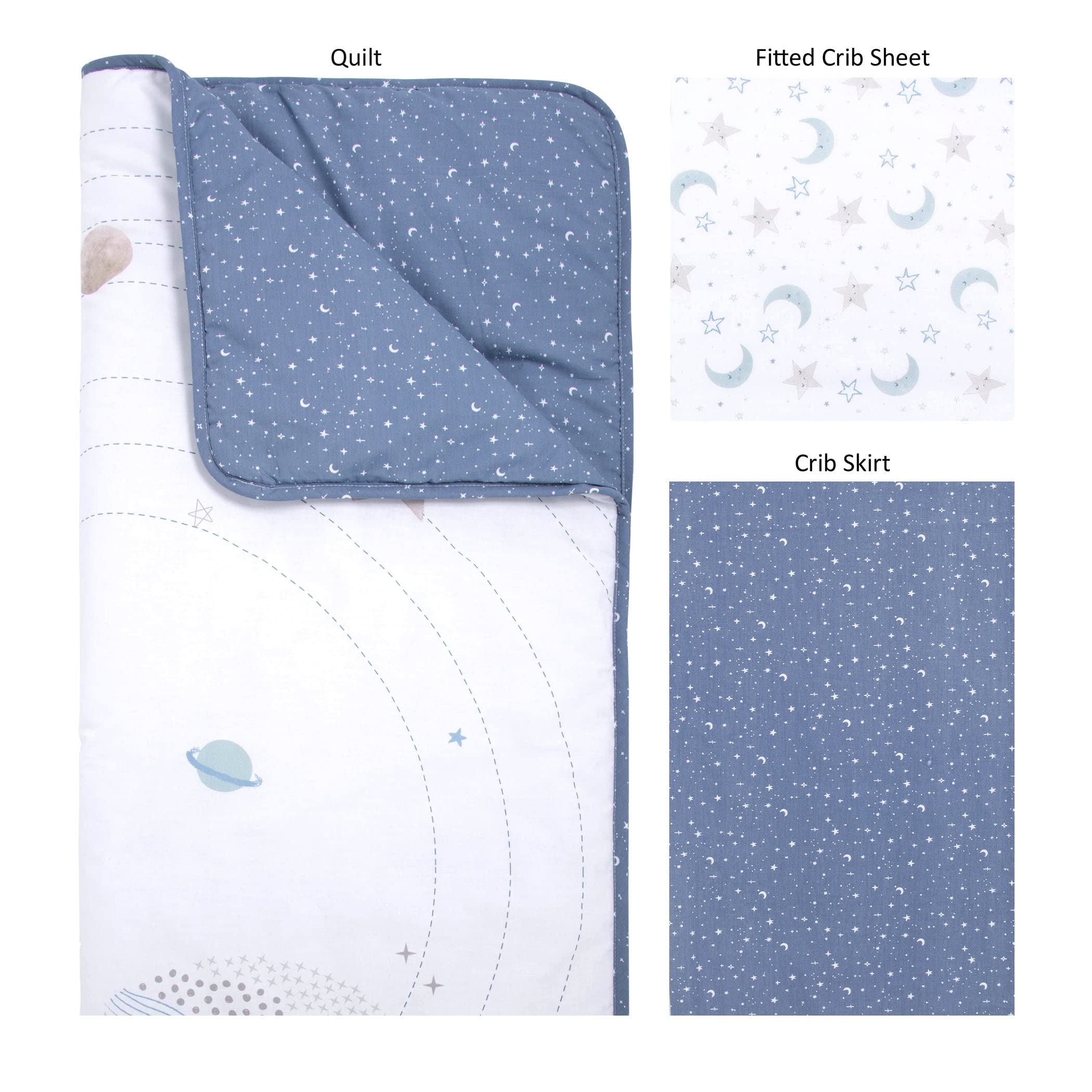 Trend Lab Celestial Space 3 Piece Crib Bedding Set, Includes Nursery Quilt, Fitted Crib Sheet and Crib Skirt 103728