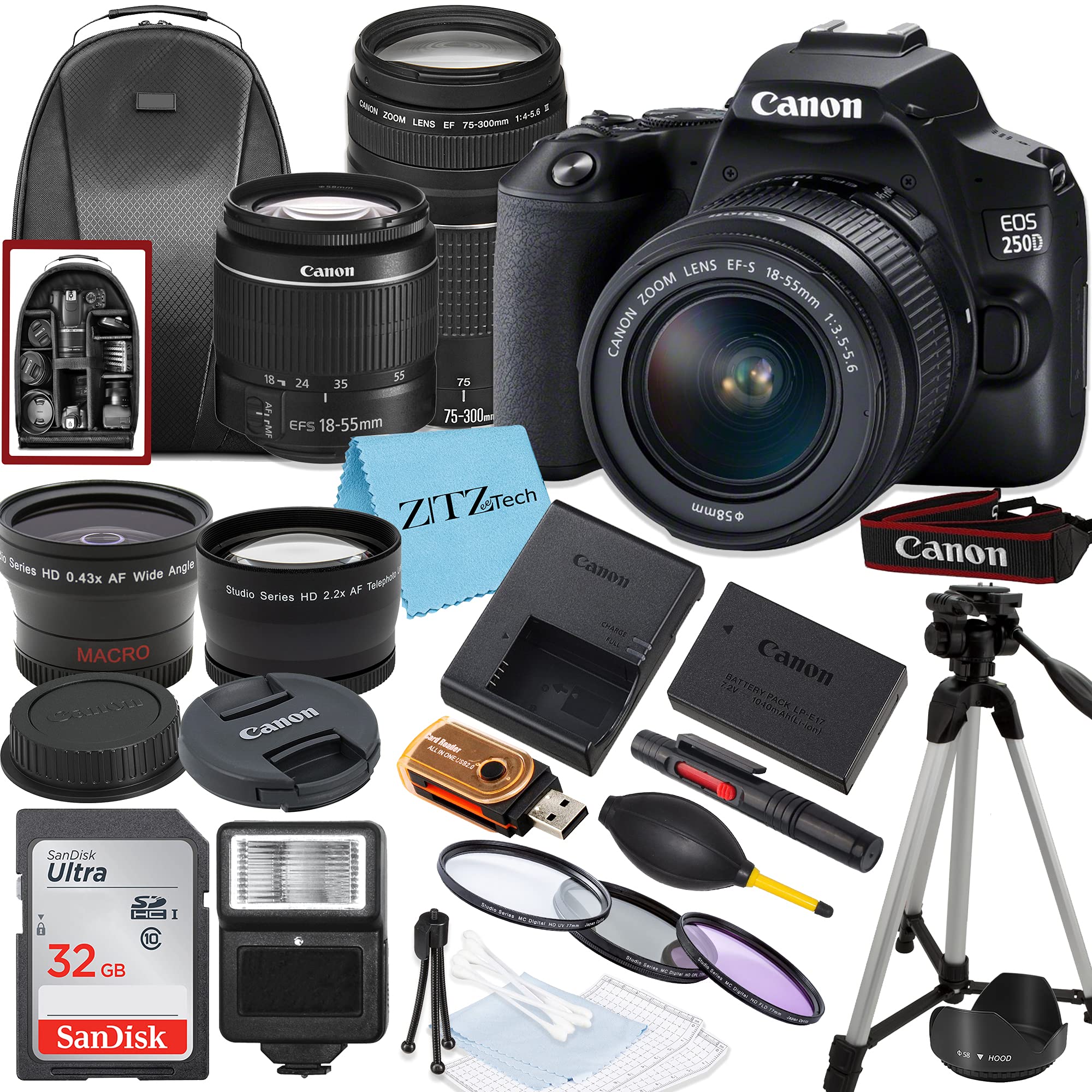 Canon EOS 250D / Rebel SL3 DSLR Camera with EF-S 18-55mm + EF 75-300mm Daul Lens + SanDisk 32GB Memory Card + Tripod + Case + Wideangle Lenses + ZeeTech Accessory Bundle (21pc Bundle) (Renewed)