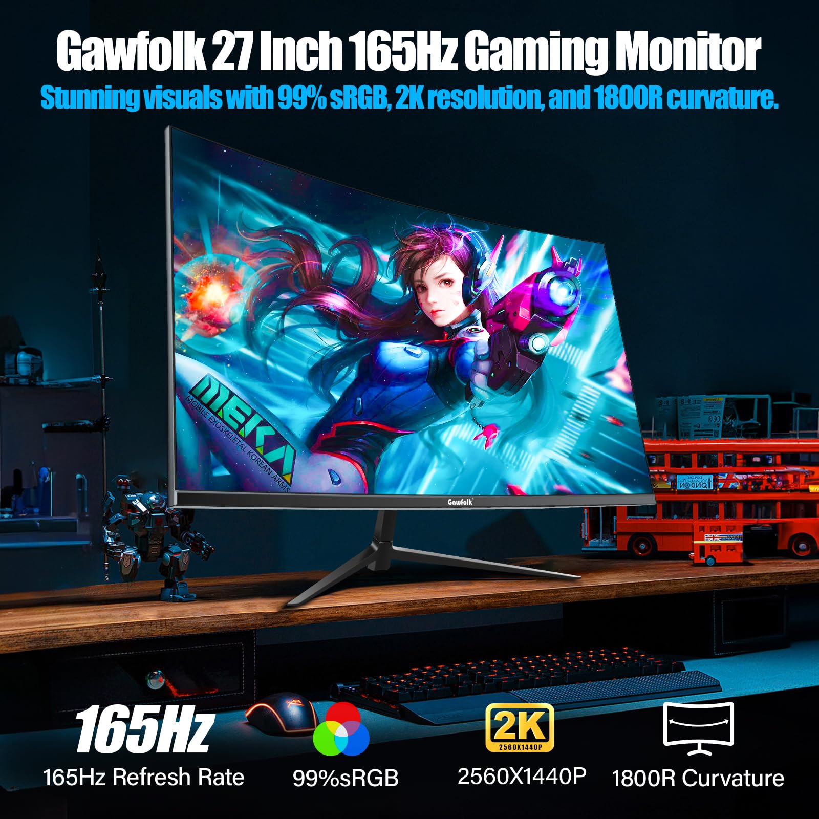 Gawfolk 2K 165Hz Curved Monitor, 27 Inch QHD 2560x1440p 144Hz Gaming Monitor with AMD FreeSync, Flicker-Free, 2X HDMI 2.0, DP 1.4, Ultra-Thin Frameless 1800R Screen PC Monitor