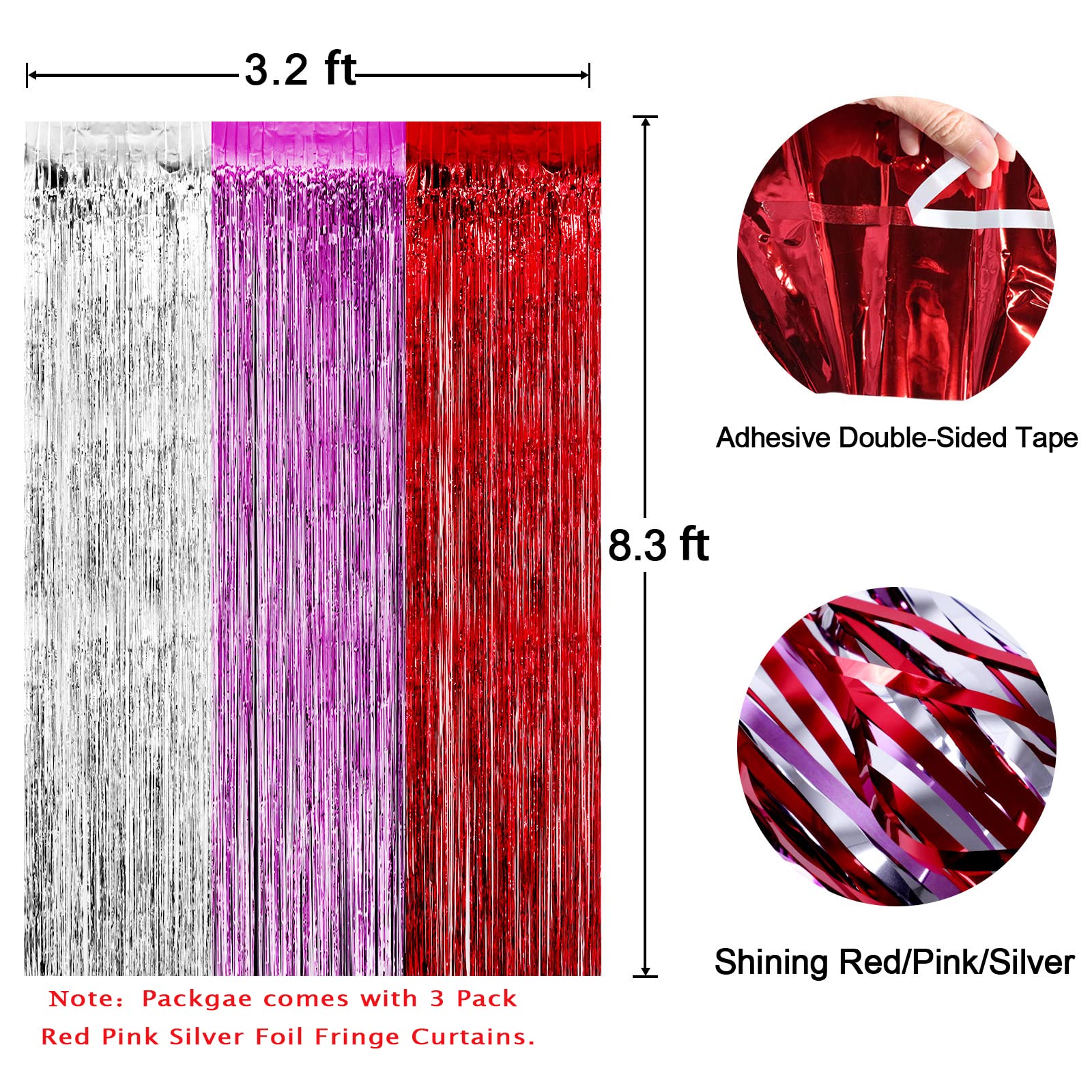 3 Pack Red Foil Fringe Curtains Valentines Day Party Decoration, 3.3X8.2 ft Silver Pink Red Fringe Backdrop for Valentines Decor Tinsel Fringe Curtain Party Photo Backdrop Streamer for Bachelorette