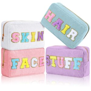 pinkunn 4 pcs preppy makeup bags chenille letter patch bag face skin hair stuff aesthetic cosmetic bag corduroy nylon cosmetic bag birthday gifts for women(purple, pink, white, blue,corduroy)