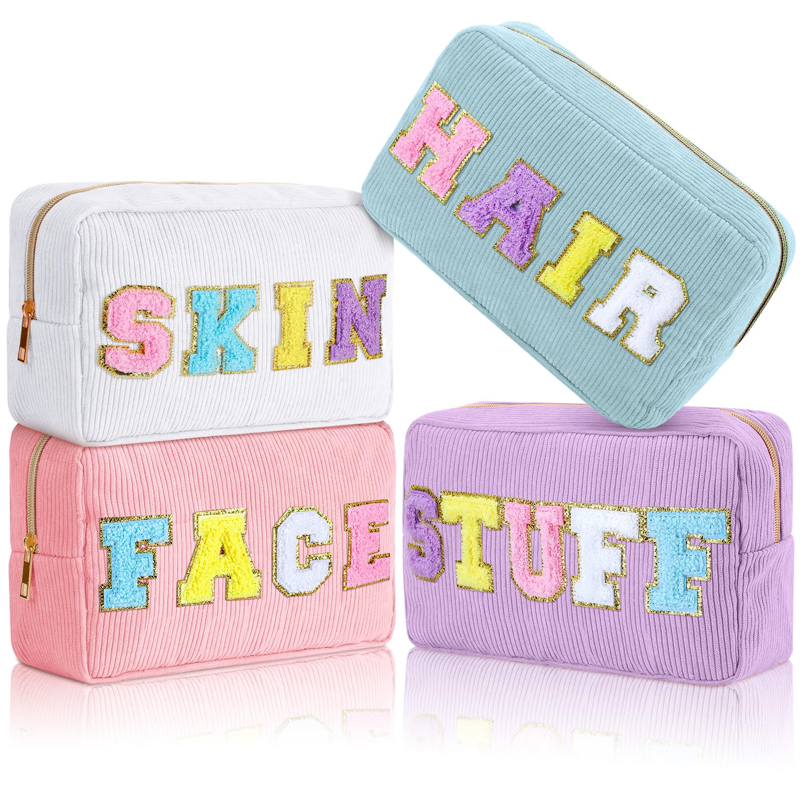 Pinkunn 4 Pcs Preppy Makeup Bags Chenille Letter Patch Bag Face Skin Hair Stuff Aesthetic Cosmetic Bag Corduroy Nylon Cosmetic Bag Birthday Gifts for Women(Purple, Pink, White, Blue,Corduroy)