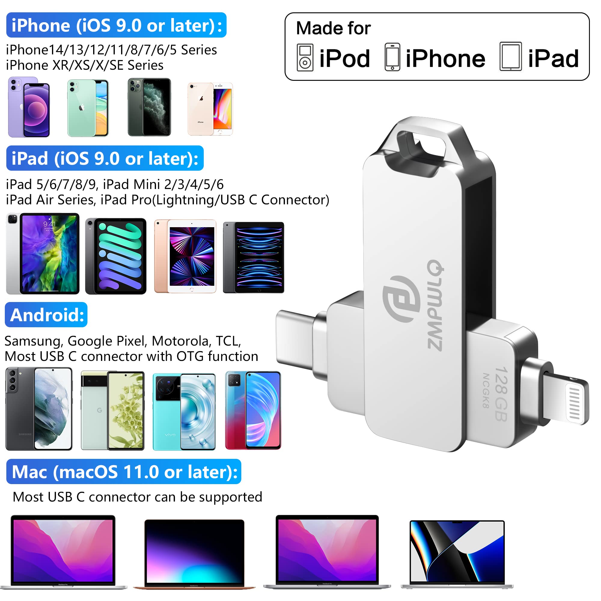 Apple MFi Certified 128GB Memory-Thumb-Drive-iPhone USB-Memory-Drive-for-iPhone Apple-iPhone-Storage-Flash-Drive USB C OTG Pendrive Android Backup Photo Storage External USB Flash Storage Photo Stick