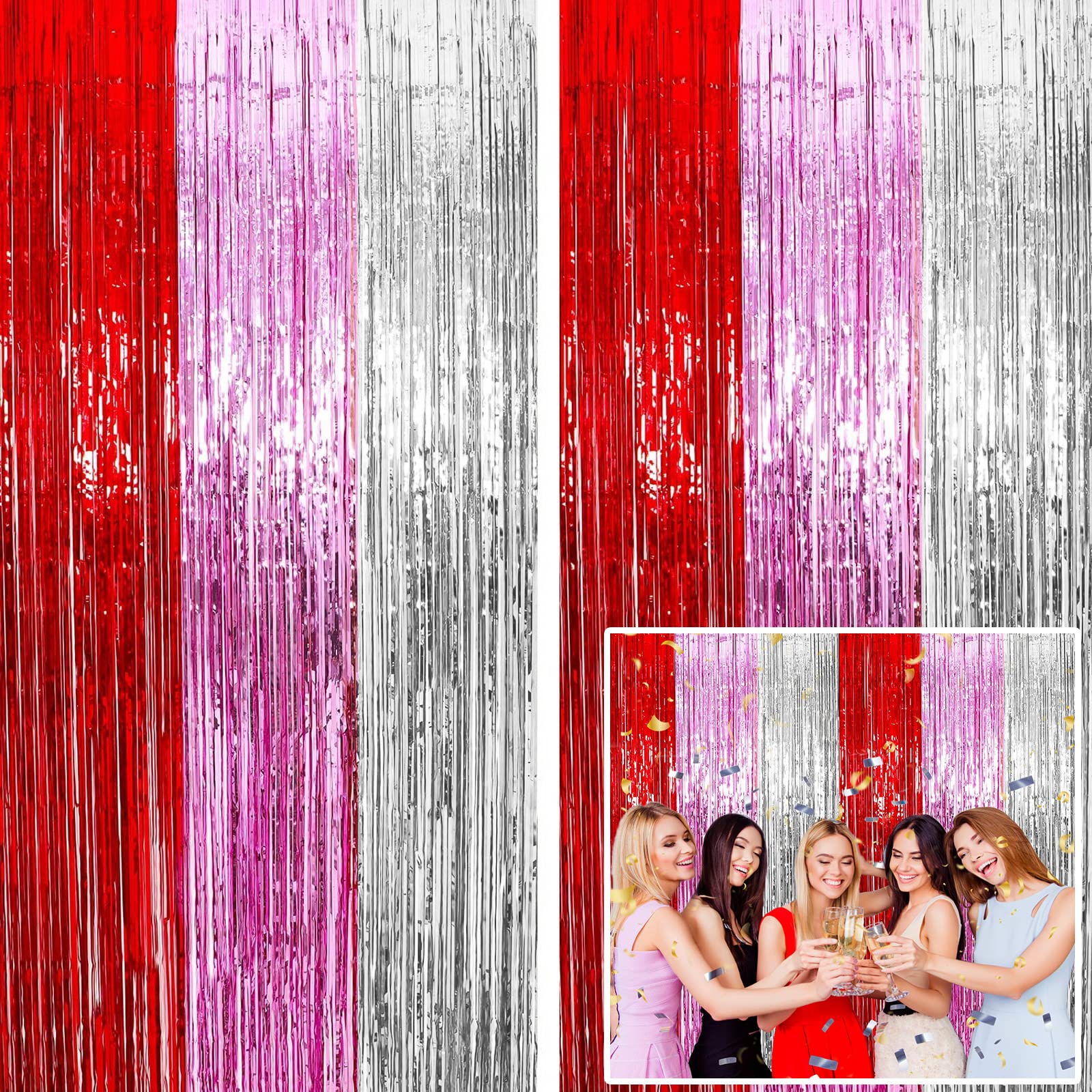 3 Pack Red Foil Fringe Curtains Valentines Day Party Decoration, 3.3X8.2 ft Silver Pink Red Fringe Backdrop for Valentines Decor Tinsel Fringe Curtain Party Photo Backdrop Streamer for Bachelorette