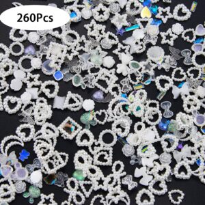 260Pcs 3D White Assorted Pearls Nail Charms Acrylic Multi Shapes Heart Flower Bear Butterfly Cute Nail Charms Heart Star Bowknot Pearls Nail Beads Charms for Manicure DIY Crafts Jewelry Accessories