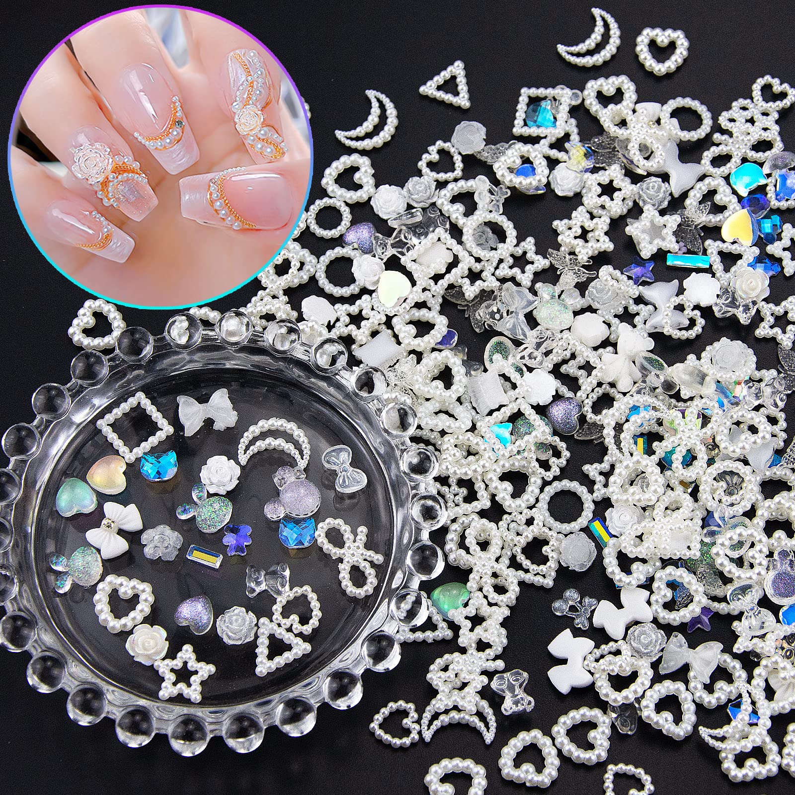 260Pcs 3D White Assorted Pearls Nail Charms Acrylic Multi Shapes Heart Flower Bear Butterfly Cute Nail Charms Heart Star Bowknot Pearls Nail Beads Charms for Manicure DIY Crafts Jewelry Accessories