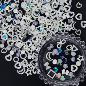 260Pcs 3D White Assorted Pearls Nail Charms Acrylic Multi Shapes Heart Flower Bear Butterfly Cute Nail Charms Heart Star Bowknot Pearls Nail Beads Charms for Manicure DIY Crafts Jewelry Accessories