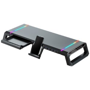 kyolly rgb gaming computer monitor stand riser - 4 usb 3.0 hub, 3 length adjustable monitor stand with drawer,storage and phone holder