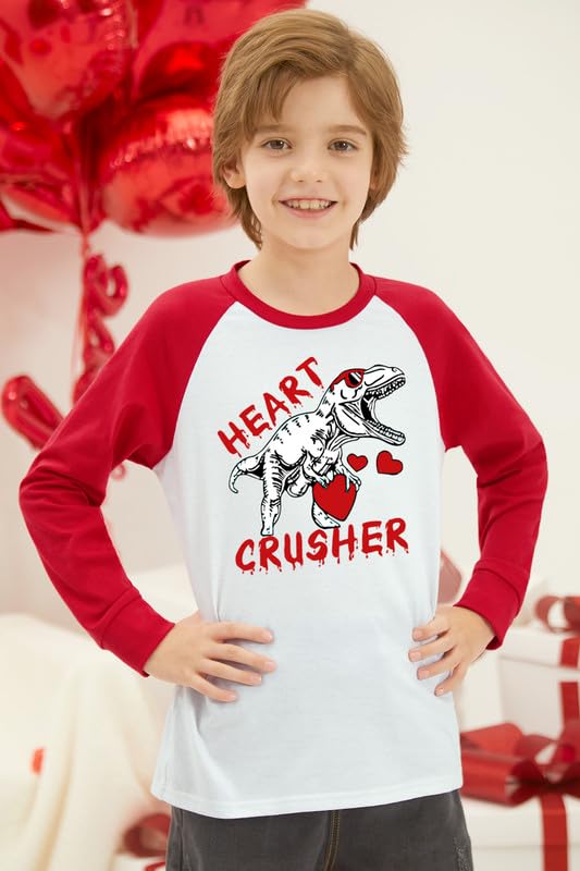 Valentine's Day Toddler Boys Girls White Dinosaur Heart Crusher Top Raglan Long Sleeve Shirt 1-2 Years