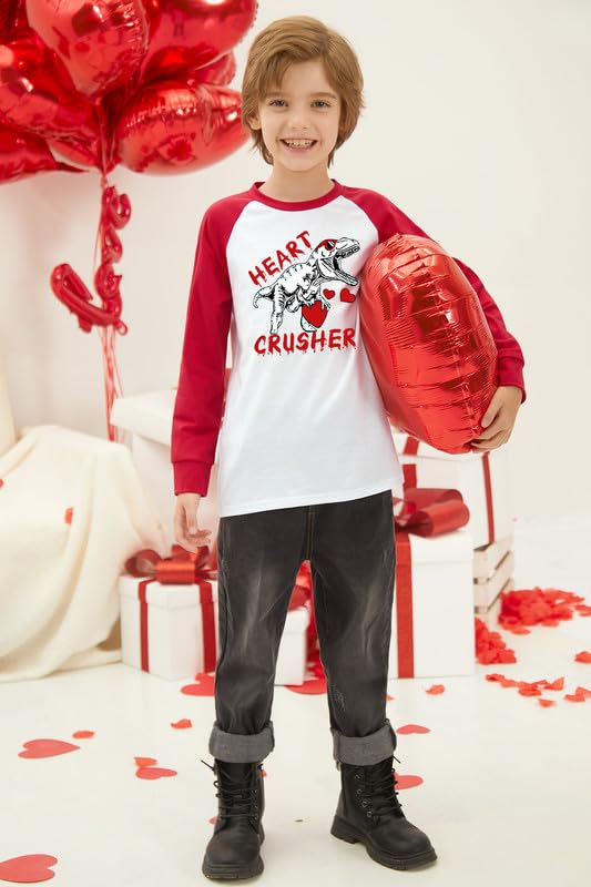 Valentine's Day Toddler Boys Girls White Dinosaur Heart Crusher Top Raglan Long Sleeve Shirt 1-2 Years