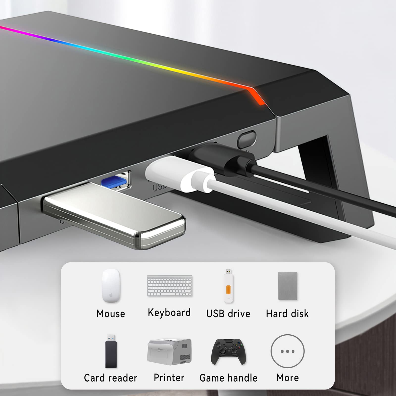 KYOLLY RGB Gaming Computer Monitor Stand Riser - 4 USB 3.0 Hub, 3 Length Adjustable Monitor Stand with Drawer,Storage and Phone Holder