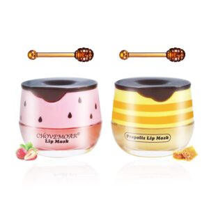 2pcs honey balm & strawberry lip balm, honey lip balm, lip masks for dry and cracked lips with brush, lip exfoliator & moisturizer, reduces lips lines & lightens lips, anti-wrinkle, aging