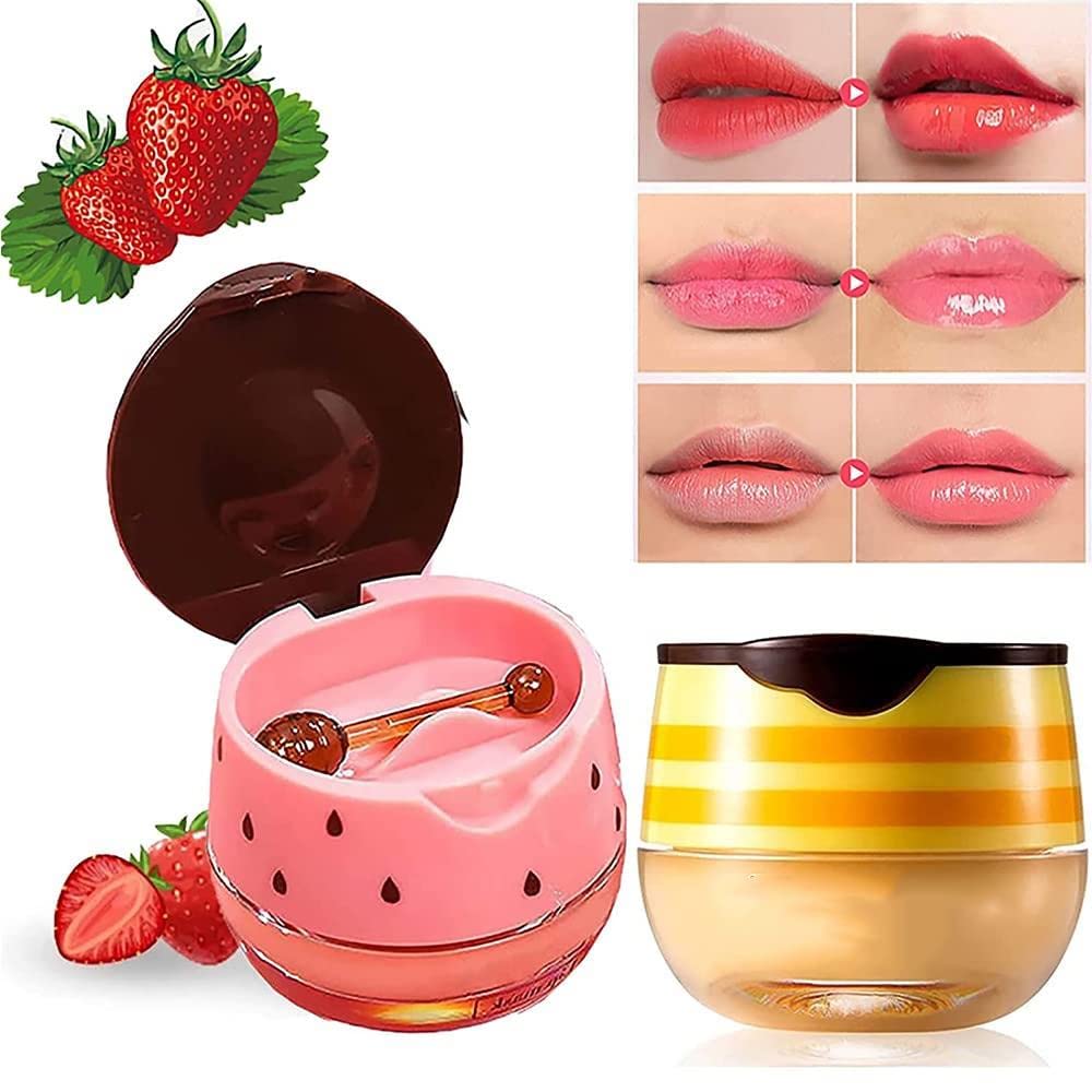 2PCS Honey Balm & Strawberry Lip Balm, Honey Lip Balm, Lip Masks for Dry and Cracked Lips with Brush, Lip Exfoliator & Moisturizer, Reduces Lips Lines & Lightens Lips, Anti-Wrinkle, Aging