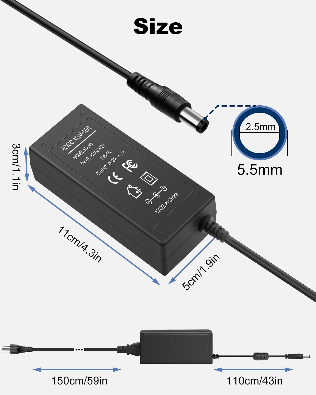 24V DC Power Supply Adapter 5A 120W 24Volt Power Adapter 100-240V 50-60Hz AC to DC Converter 24V5A Switching Power Supply Transformer, DC Outlet Plug 5.5mm x 2.5mm & 3-Prong AC Cable