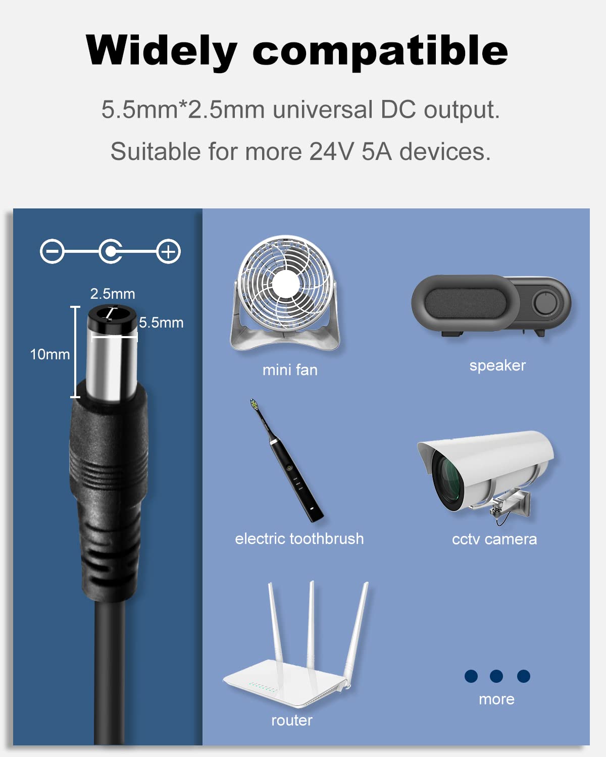 24V DC Power Supply Adapter 5A 120W 24Volt Power Adapter 100-240V 50-60Hz AC to DC Converter 24V5A Switching Power Supply Transformer, DC Outlet Plug 5.5mm x 2.5mm & 3-Prong AC Cable