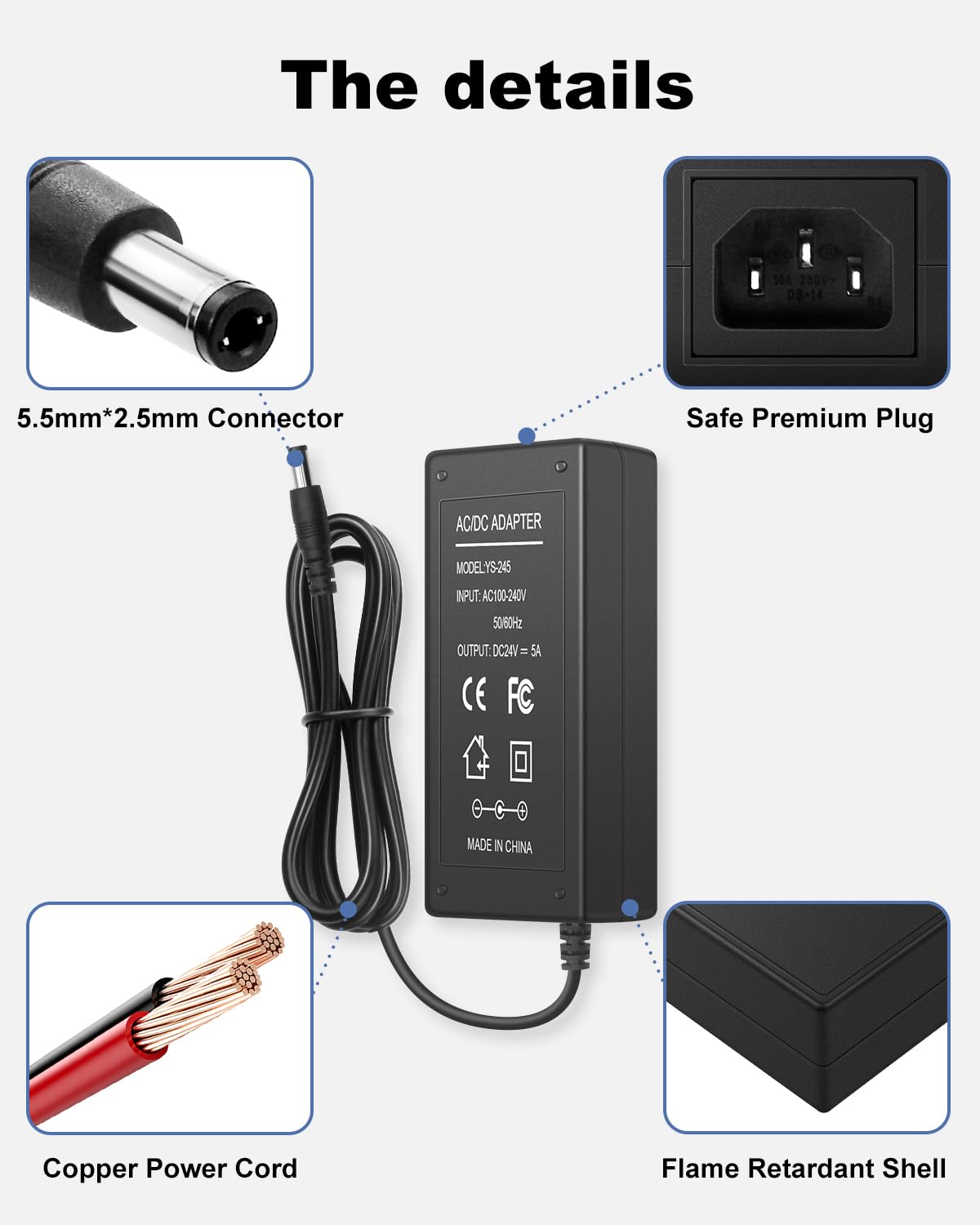 24V DC Power Supply Adapter 5A 120W 24Volt Power Adapter 100-240V 50-60Hz AC to DC Converter 24V5A Switching Power Supply Transformer, DC Outlet Plug 5.5mm x 2.5mm & 3-Prong AC Cable