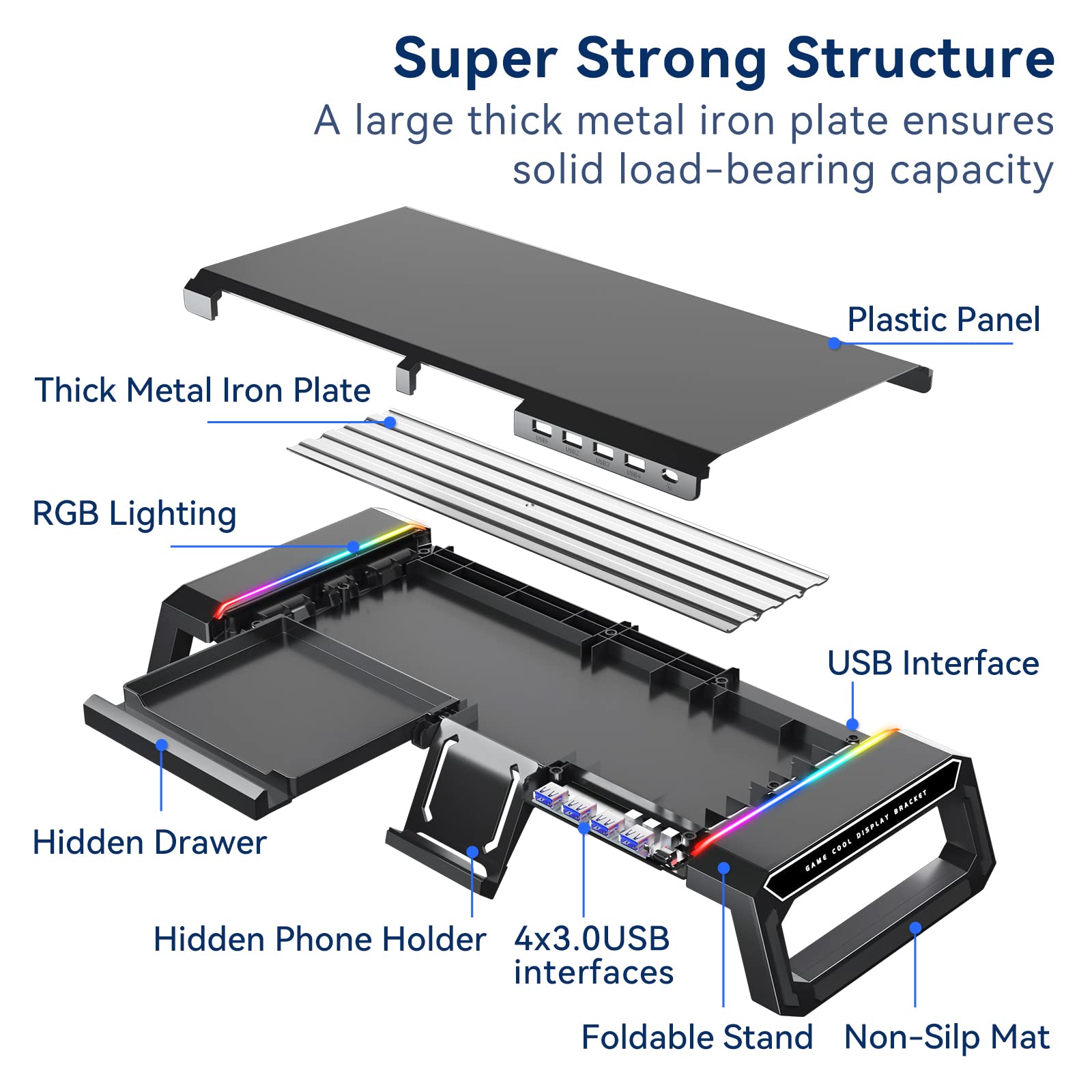 KYOLLY RGB Gaming Computer Monitor Stand Riser - 4 USB 3.0 Hub, 3 Length Adjustable Monitor Stand with Drawer,Storage and Phone Holder