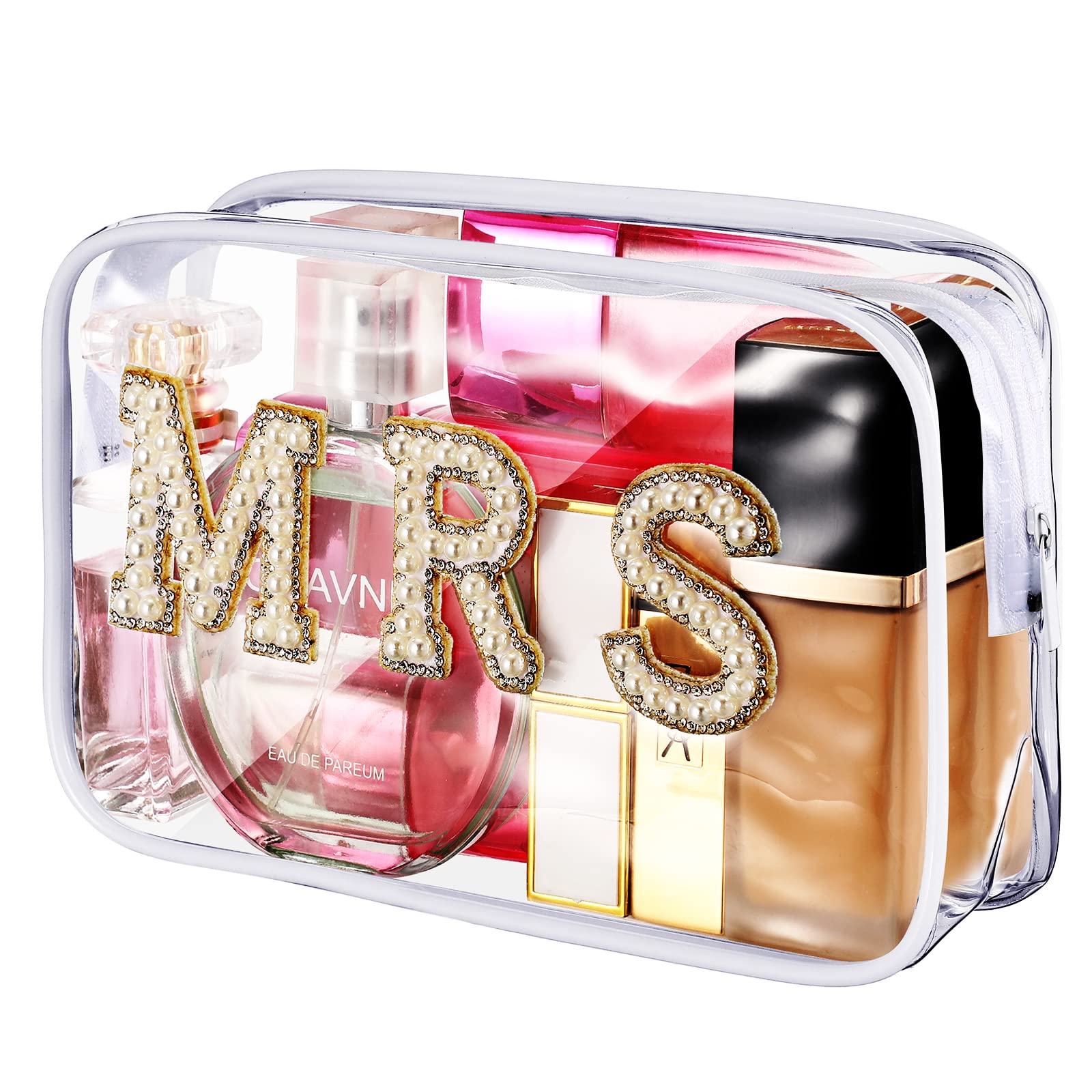 LEIFIDE Bride Bag Clear Makeup Bag Bride Gift Cosmetic Bag Mrs Pearl Bags Bride Toiletry Bag Wifey Makeup Pouch Rhinestone Letter PVC Cosmetics Bag Travel Case Bride Purse Portable Bag(MRS Style)