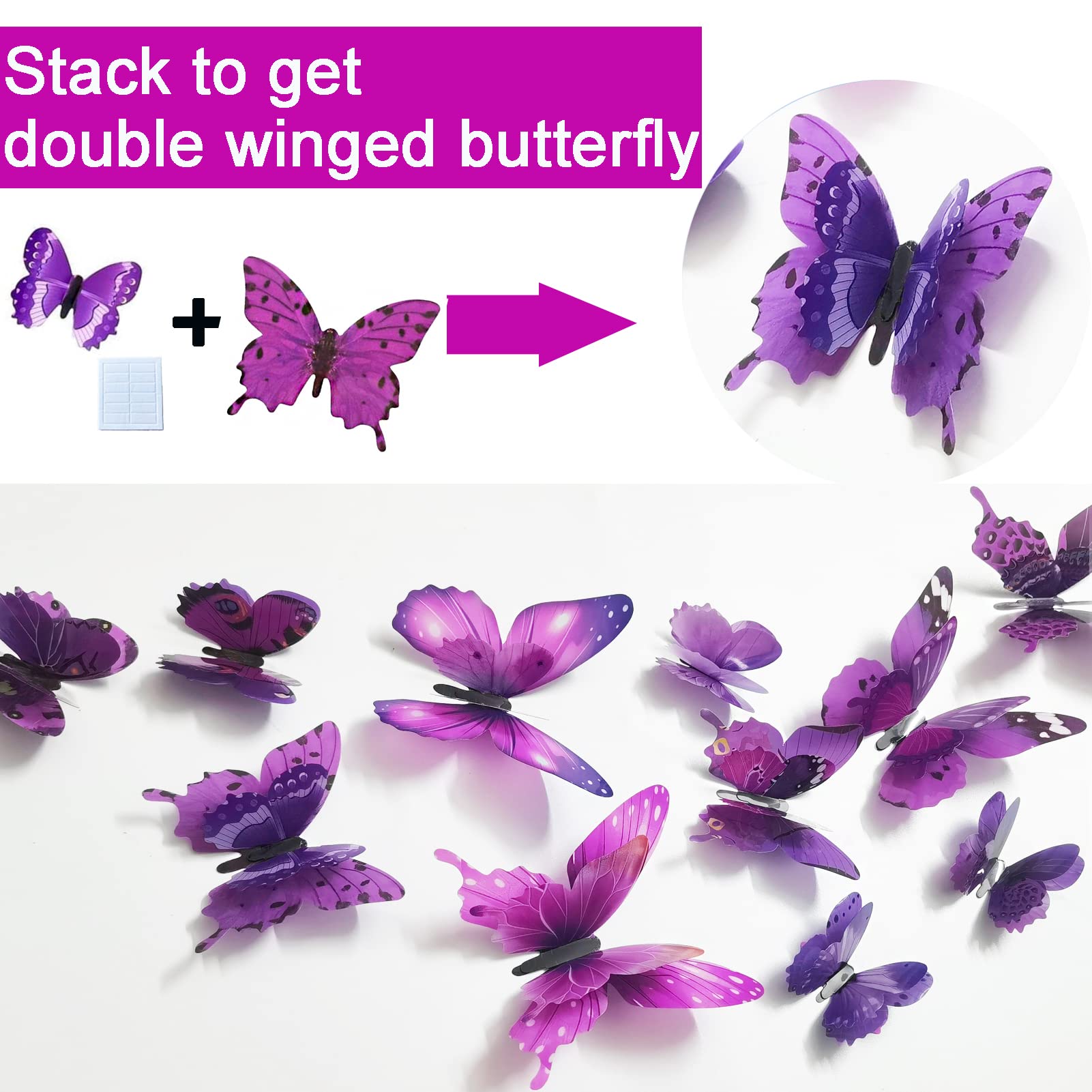 Ewong 72PCS Butterfly Wall Decals 3D Butterflies Wall Art Craft Decor Removable Mural Sticker Home Kid Girl Bedroom Bathroom Baby Room Nursery Classroom Office Party Decoration (Purple)