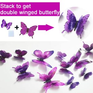 Ewong Butterfly Wall Decals 24PCS Room Decor Wall Art 3D Butterflies Mural Sticker Home Decoration Kid Girl Bedroom Bathroom Nursery Classroom Office Party Removable Decorative (Purple)