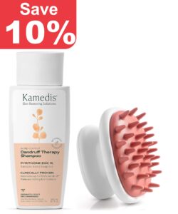 kamedis anti-dandruff therapy shampoo & fillable scalp massager brush - clinically proven for dry, itchy, flaky, sensitive scalp, seborrheic dermatitis - silicone gentle scalp scrubber, exfoliator